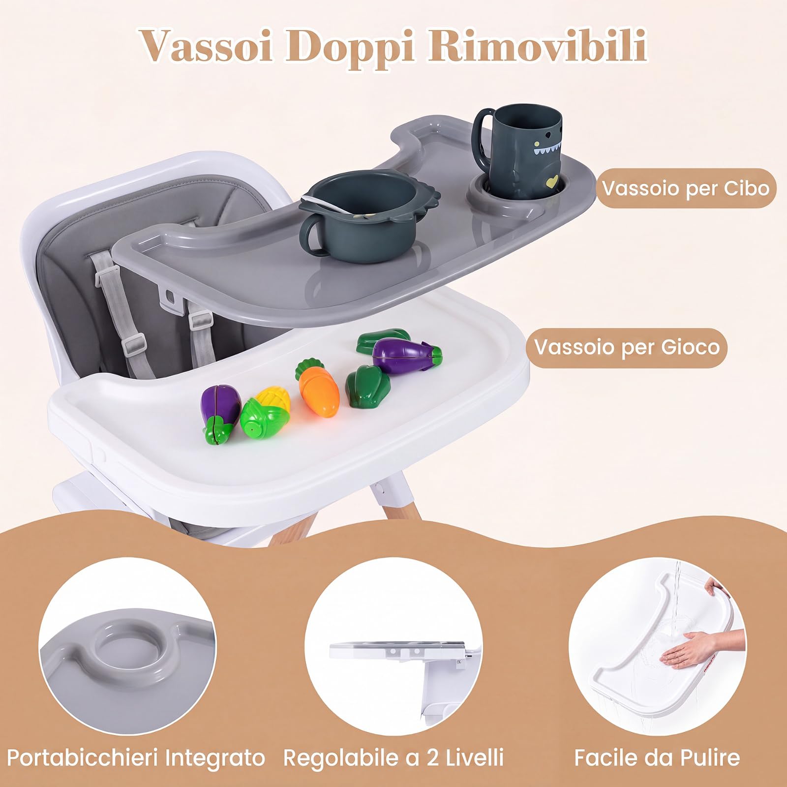 COSTWAY Seggiolone Pappa Pieghevole 4 in 1 con Cuscino di Seduta (Grigio) | Seggiolone per Neonati 6-36 Mesi con Vassoi Rimovibili, Portabicchieri, Cintura di Sicurezza e Gambe in Legno