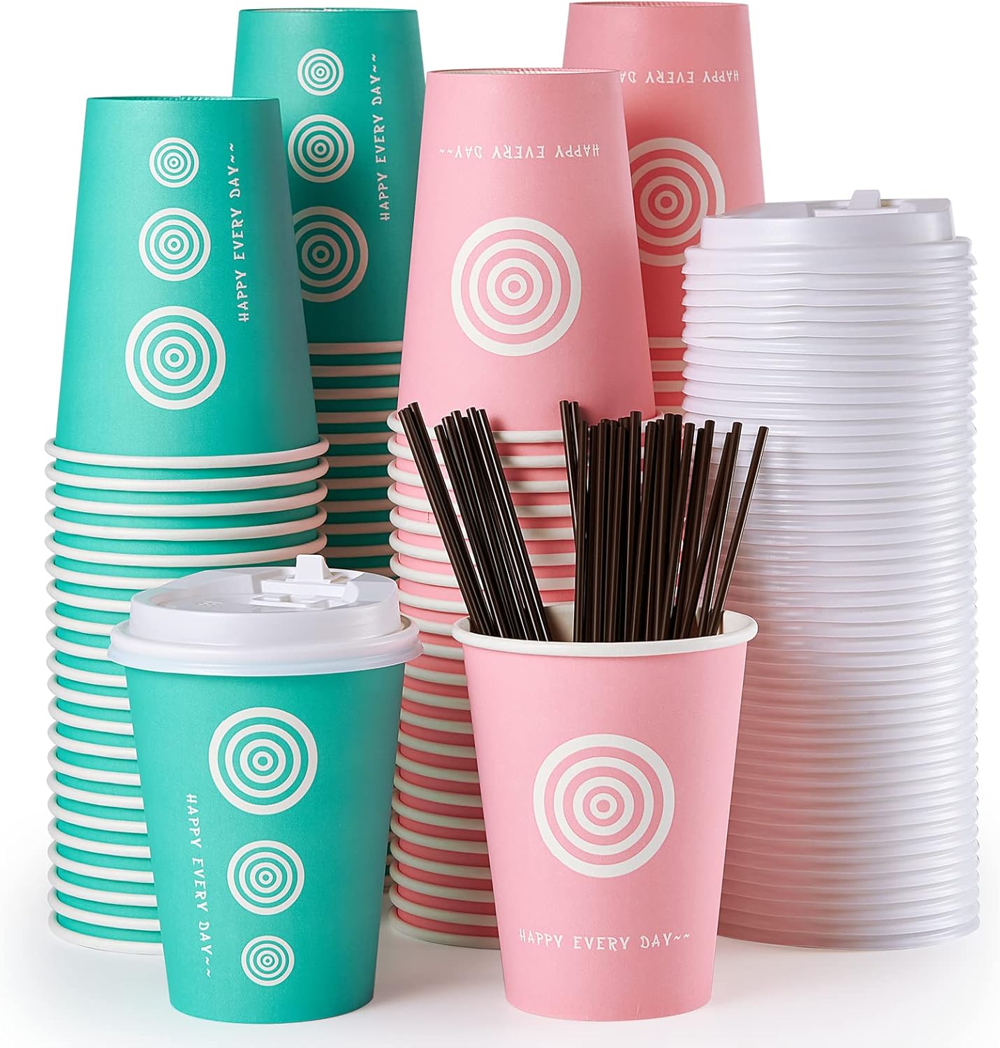JollyPack 12 oz 100 Pack Paper Coffee Cups with Lids and Stirrers in Pink and Green. Great for Coffee, Juice, Tea, Home Use, Store and Cafe