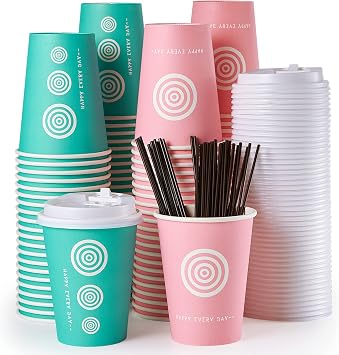 JollyPack 12 oz 100 Pack Paper Coffee Cups with Lids and Stirrers in Pink and Green. Great for Coffee, Juice, Tea, Home Use, Store and Cafe