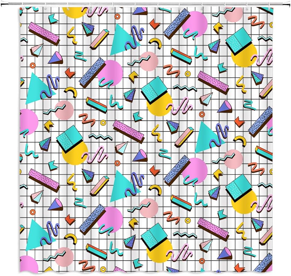 80s 90s Shower Curtain Retro Memphis Geometric Abstract Mid Century Modern Pattern Colorful Fabric Bathroom Decor Curtain with Hooks
