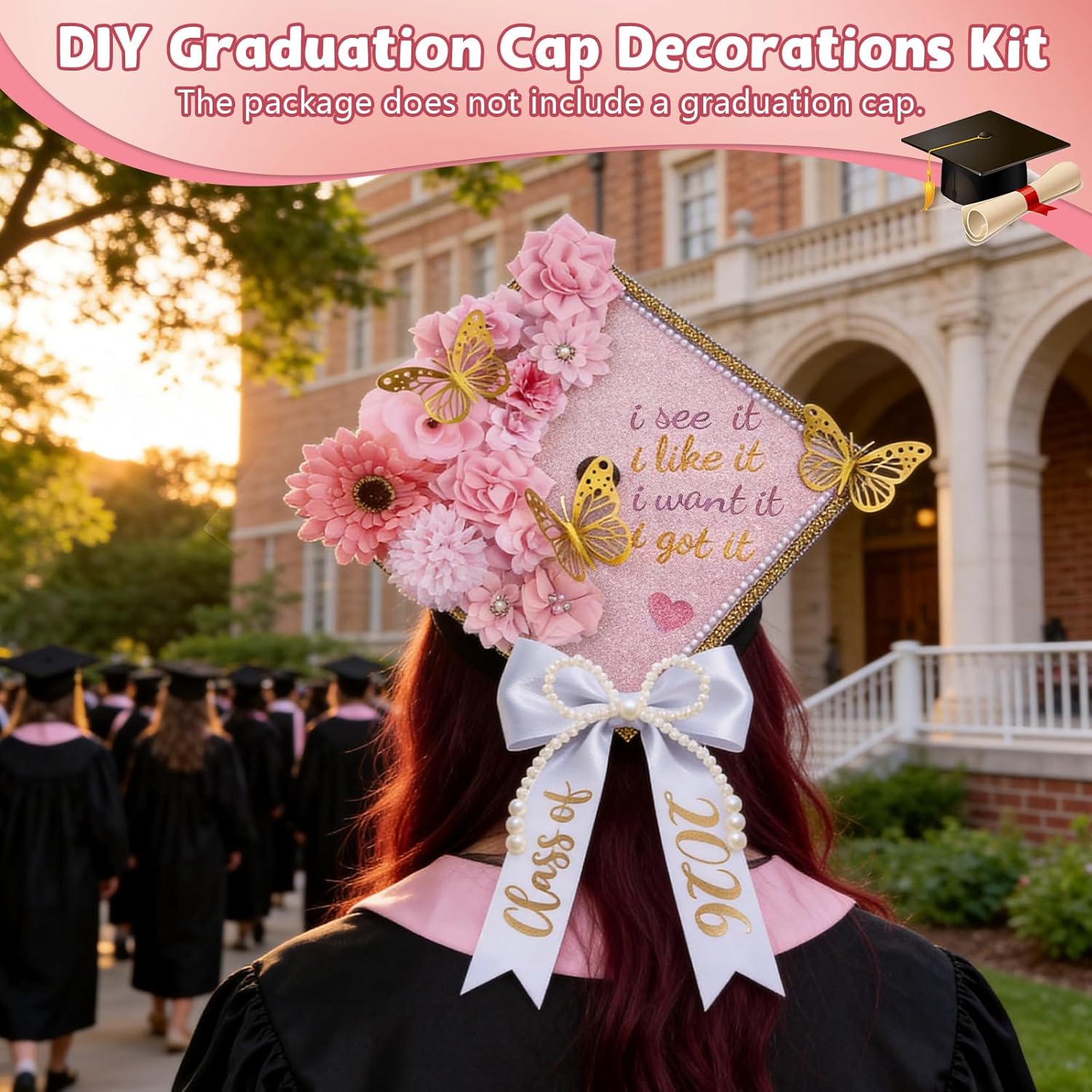 45 Pcs DIY Graduation Cap Decorations Kit Faux Flower Heads Bow 3D Butterfly Adhesive Rhinestones Glitter Alphabet Letter Number Sticker for Grad Cap Topper Graduation Party DIY Crafts(Pink)