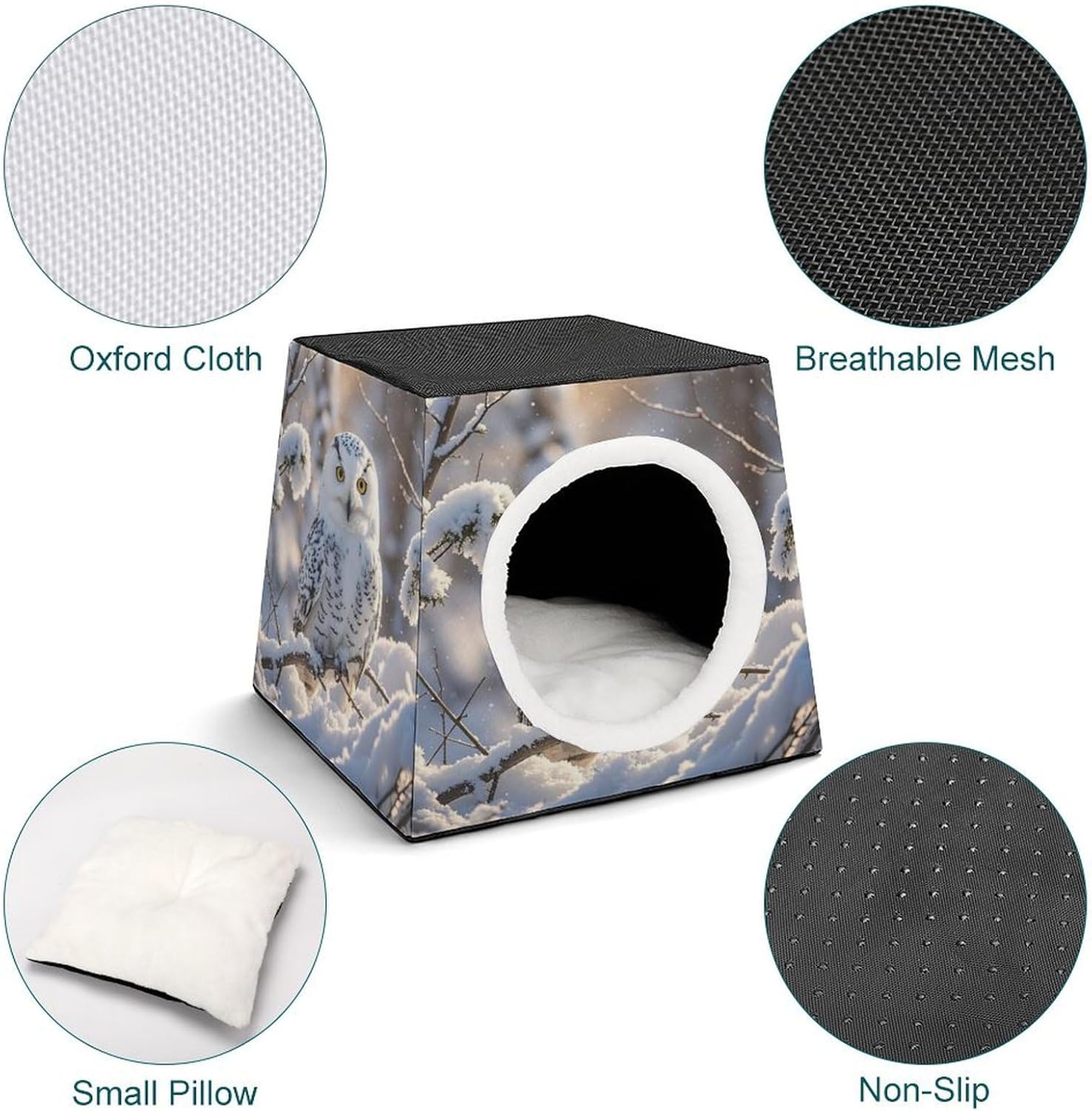 Pet Sleeping Nest Bed, Winter White Owl Printed Dog House Cat Nest, Winter Pet House are Suitable for Most Cats, Dogs, and Other Small Pets