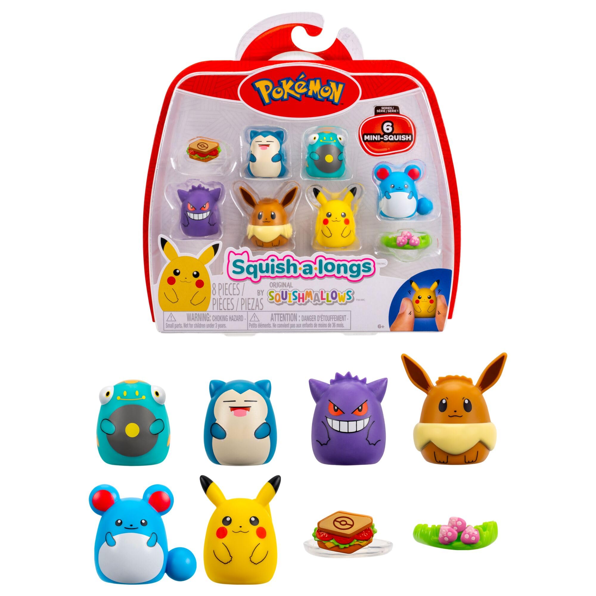 Squish-a-longs Pokémon Mini-Squish 6-Pack (Pikachu, Gengar, Snorlax, Eevee, Bellibolt, Marill) (Amazon Exclusive)