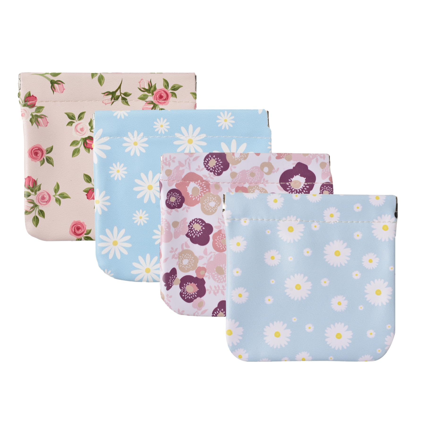 Lambskin Pocket Cosmetic Bag 4PCS, Squeeze Top Portable Small Makeup Pouch for Women No Zipper Self-Closing Coin Purse for Lipstick Organizer Jewelry Storage Pouch(Floral Pattern)