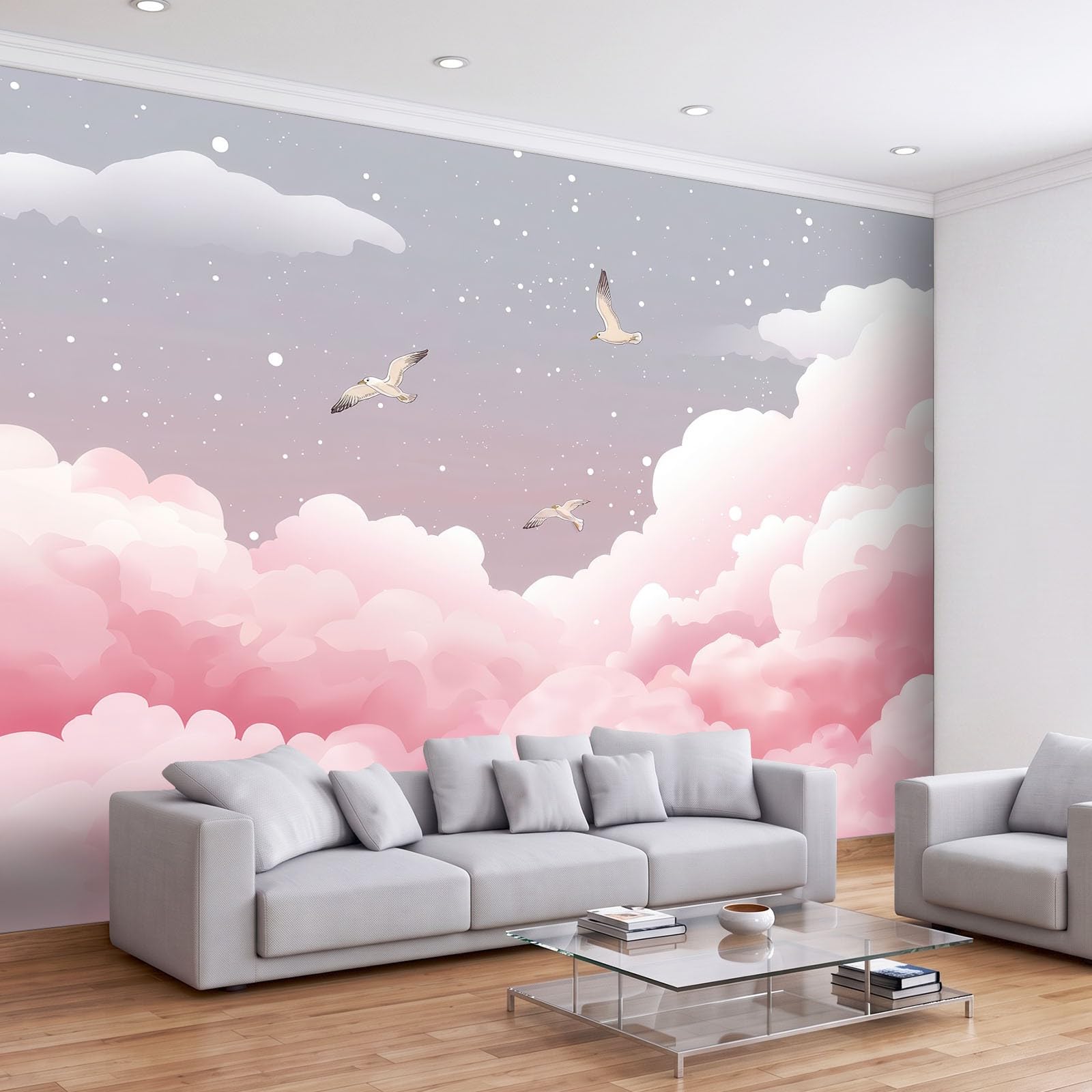 Fantazyjne zwierzęta mewy unoszące się w powietrzu Panoramiczna tapeta dla chłopców dziewcząt, 250 x 175 cm różowy gigantyczny plakat ścienny 3D, dekoracja ścienna premium do salonu, pokoju