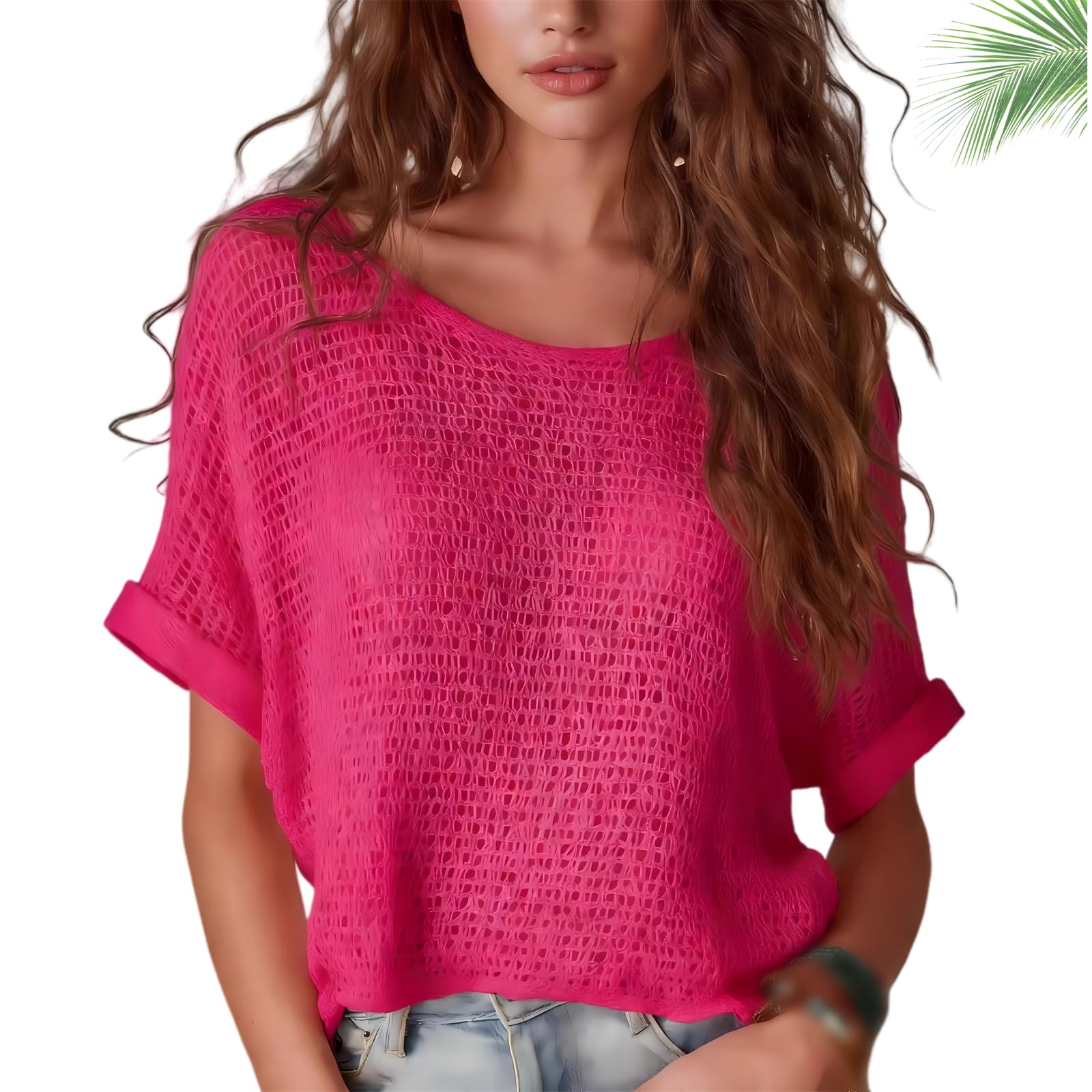 Blusas de Punto de Ganchillo de Manga Corta y Cuello Redondo para Mujer, Estilo Bohemio Casual, Transpirables, Ideales para Las Vacaciones de Verano.