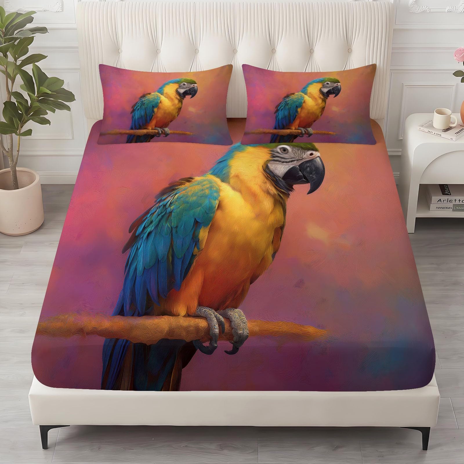 Juego de sábanas bajeras ajustables de 3 piezas, 160 x 200 cm, de microfibra, diseño de pájaro, diseño de bosque tropical, suave y agradable a la piel, transpirable, hipoalergénica, colchones de hasta