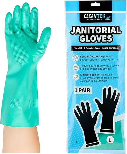 Restaurantware Guantes de limpieza verdes, 10 pares de guantes de nitrilo de 15 mil de grosor, grandes, resistentes, con puño largo, forro de