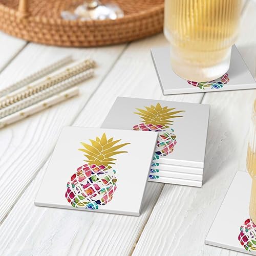 Miniatura 8 de Juego de 4 posavasos de acuarela con diseño de piña, de cerámica, antideslizantes, con base de corcho, regalos para el hogar, cocina, decoración de