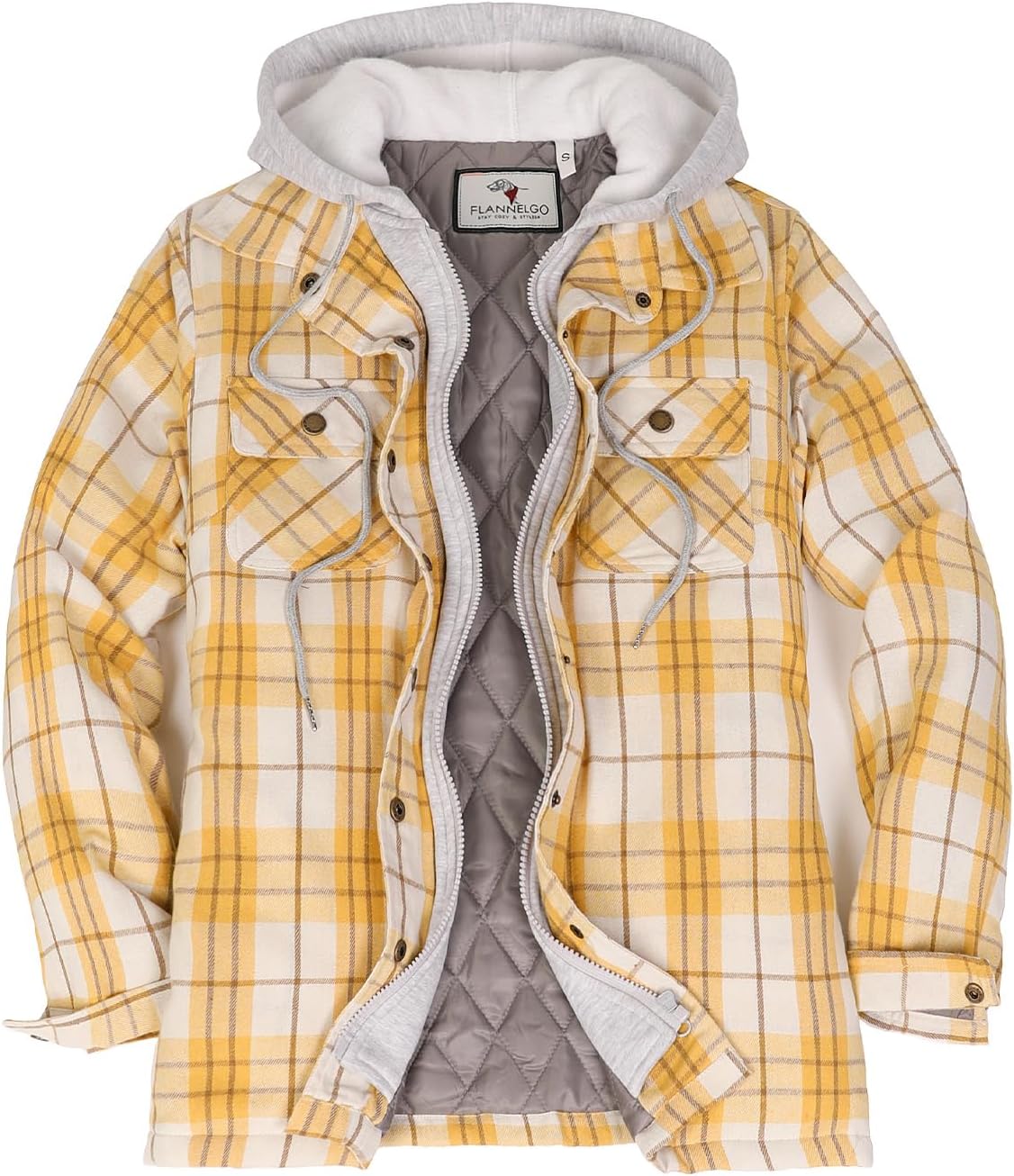 ThCreasa Women's Winter Shacket Quilted Lined Flannel Jacket with Hood & Multi-Pocket Design, Full Zip Plaid Coat