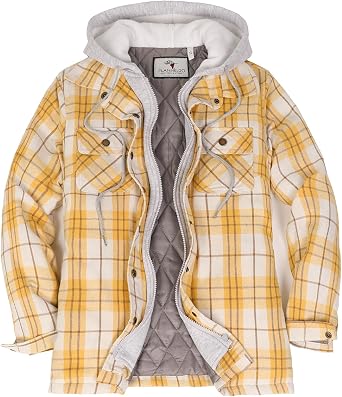 ThCreasa Womens Winter Shacket Quilted Lined Flannel Jacket with Hood & Multi-Pocket Design, Full Zip Plaid Coat