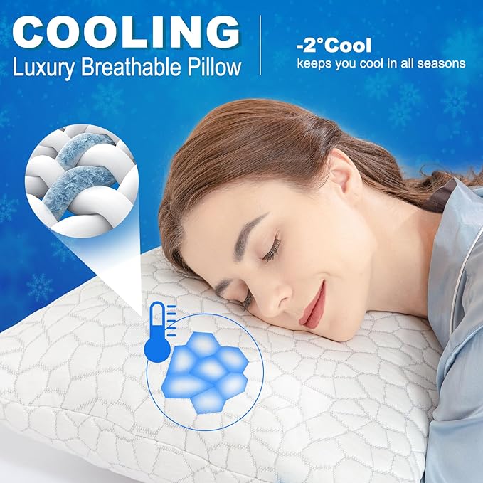 Cooling Bed Pillows for Sleeping 2 Pack Shredded Memory Foam Pillows Standard Size Set of 2, Adjustable Cool Pillow for Side Back Stomach Sleepers Luxury Gel Pillows with Washable Removable Cover
