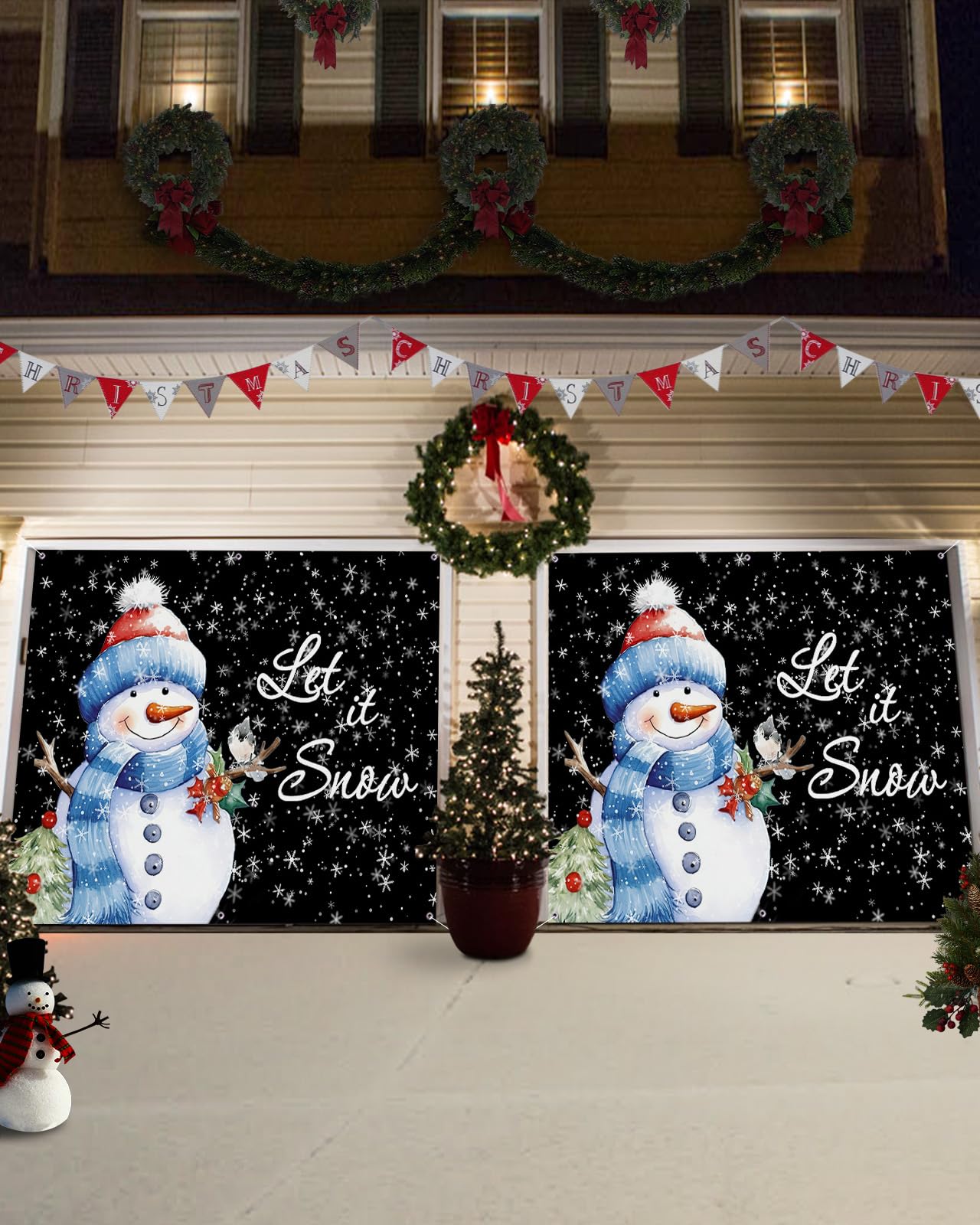 Bannière De Porte De Garage Noël 2,4x2,1 M - Train Festif, Arbre, Cadeaux - Imperméable, Réutilisable - Décoration Extérieure