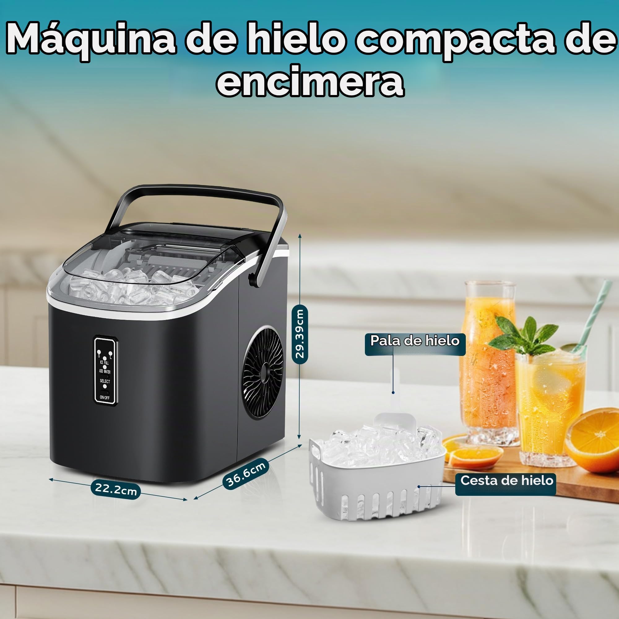 EUHOMY Máquina pequeña para hacer hielo, lista en 6 minutos, produce 9 cubos, 12 kg/día, autolimpiante, máquina de hielo portátil con asa, cesta y cuchara, 2 tamaños de cubitos de hielo para el hogar