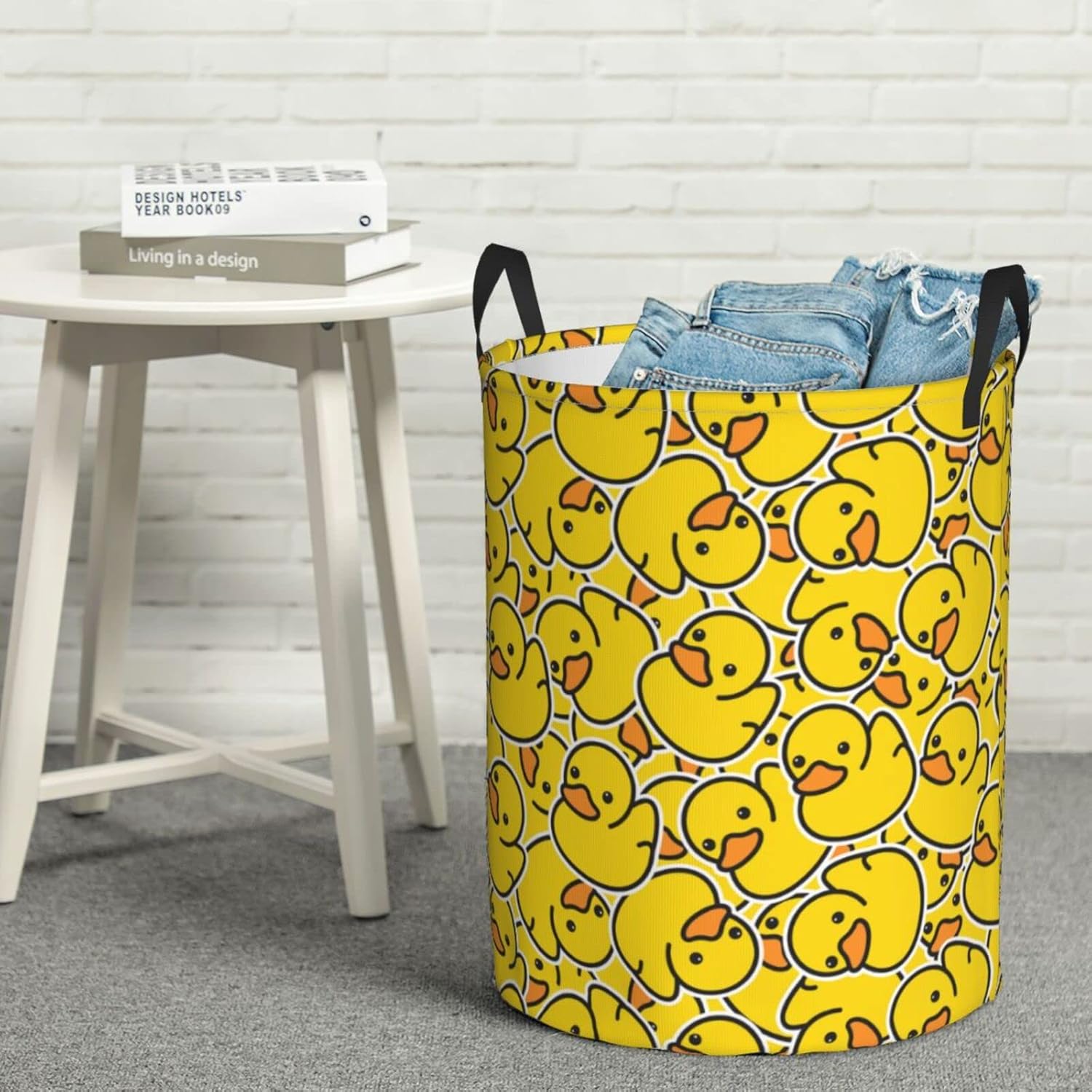62L Round Laundry Hamper Cute Rubber Ducky Storage Basket Waterproof Coating Yellow Cartoon Ducks Organizer Bin For Nursery Clothes Toys