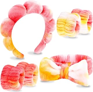 VELSCRUN Spa Headband, Makeup Face Wash Skincare Headbands, 6 Pcs Orange Sponge Bow Tie Get Ready HairBand Facial Wristband Set, Stuff for Teen Girls Women Trendy Fashion Hair Accessories