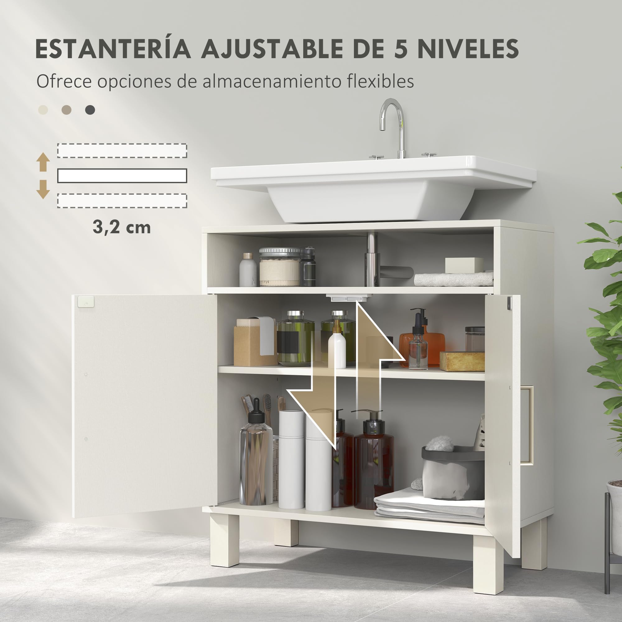HOMCOM Mueble Bajo Lavabo con Estante Ajustable 60x30x63 cm Blanco Crema