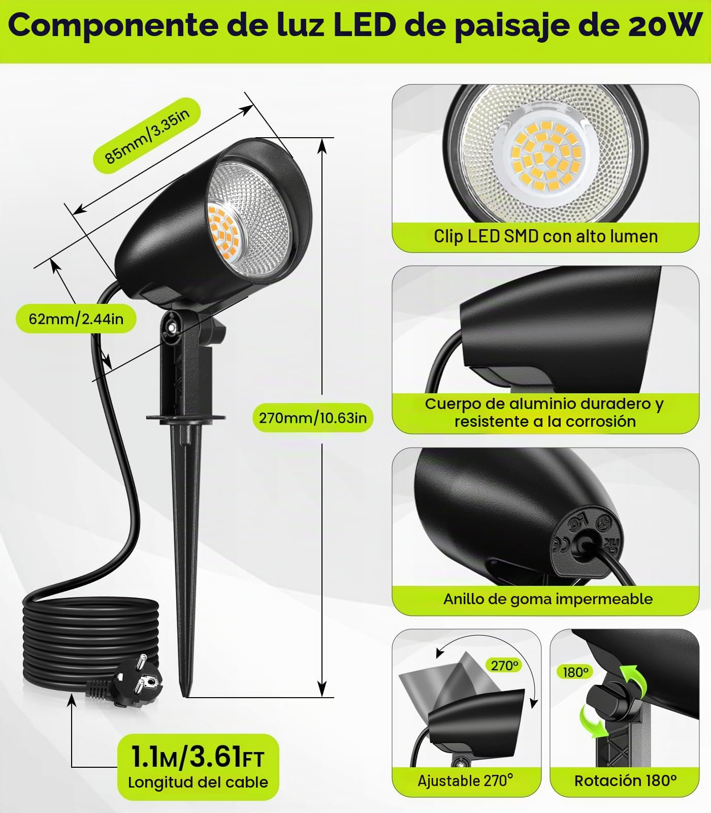 CLV Foco Proyector Exterior 20W 7520LM Focos Exterior Jardín Blanco Cálido | 2700K Lámpara De Césped Cuerpo De Aluminio IP66 Impermeable Luces LED Jardin Con Enchufe EU Para Camino Patio 4 Piezas