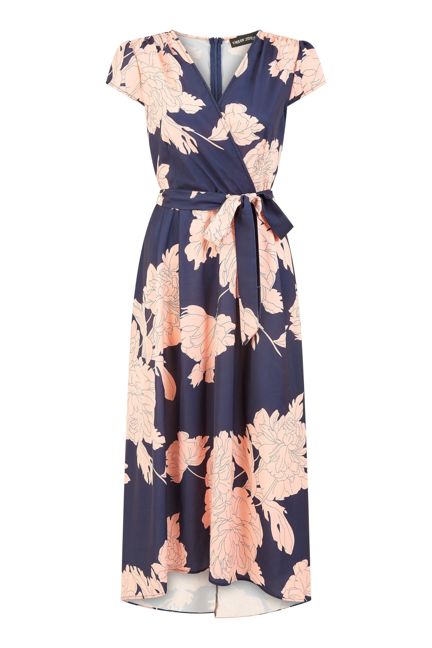 Mela London Women's Navy Mela Blossom Print Wrap Midi With Dipped Hem 10