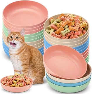 Tioncy 24-Pack 5.5" Wheat Straw Cat Food Bowls - Shallow Wide Fatigue Relief Dishes for Cats, Kittens, Ferrets in 4 Colors