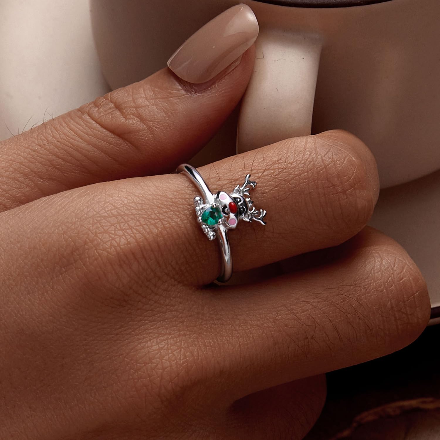 Feng Shui， Lindos Anillos Abiertos de Ciervo para Mujeres, niñas y Adolescentes, Chapado en Plata de Ley 925, Ajustable, expandible, Envoltura de declaración de Animales de Reno