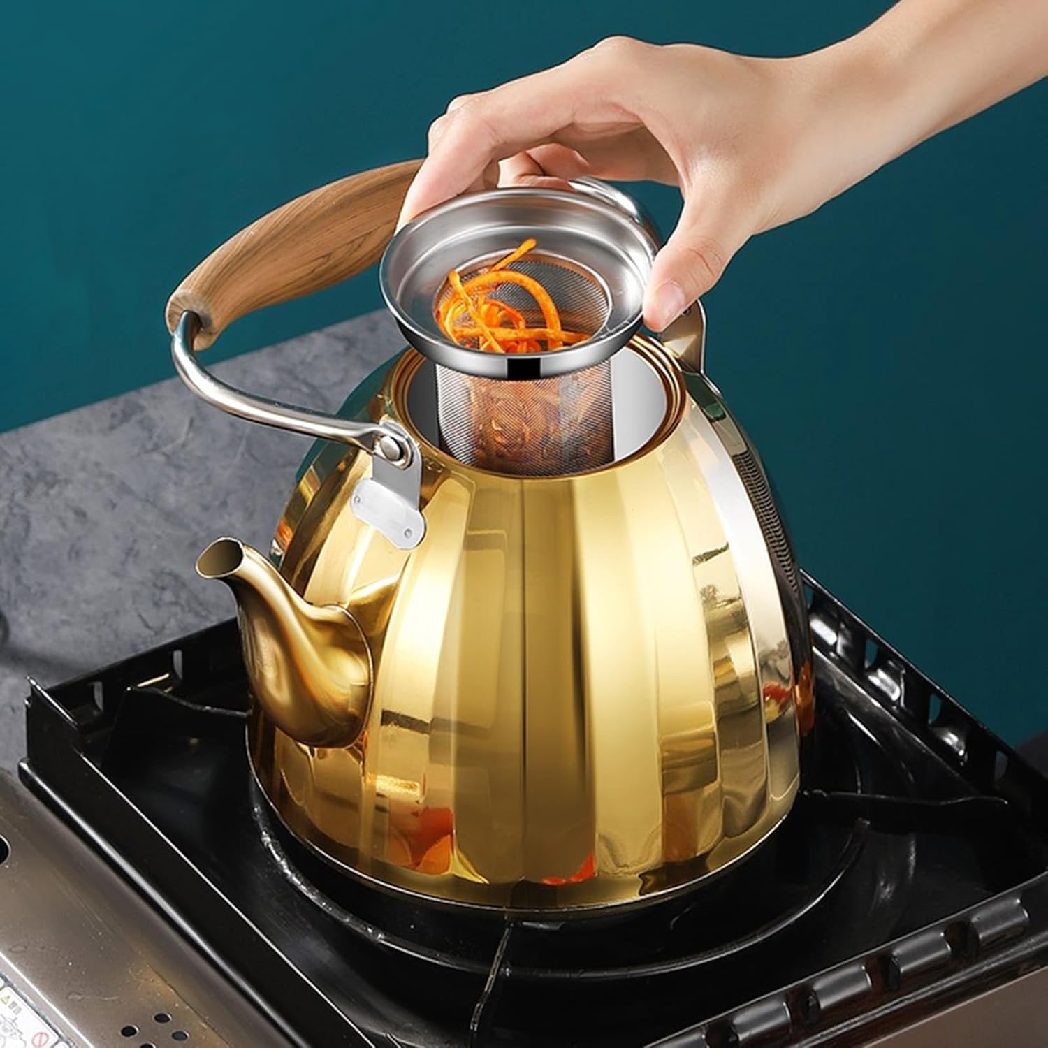 Gold Tea Kettle Stovetop with Infuser, 1.1-Quart Small Cute Tea Pot, 304 Stainless Steel Teapot with Ergonomic Wood Pattern Folding Handle for All Stovetops(1L)