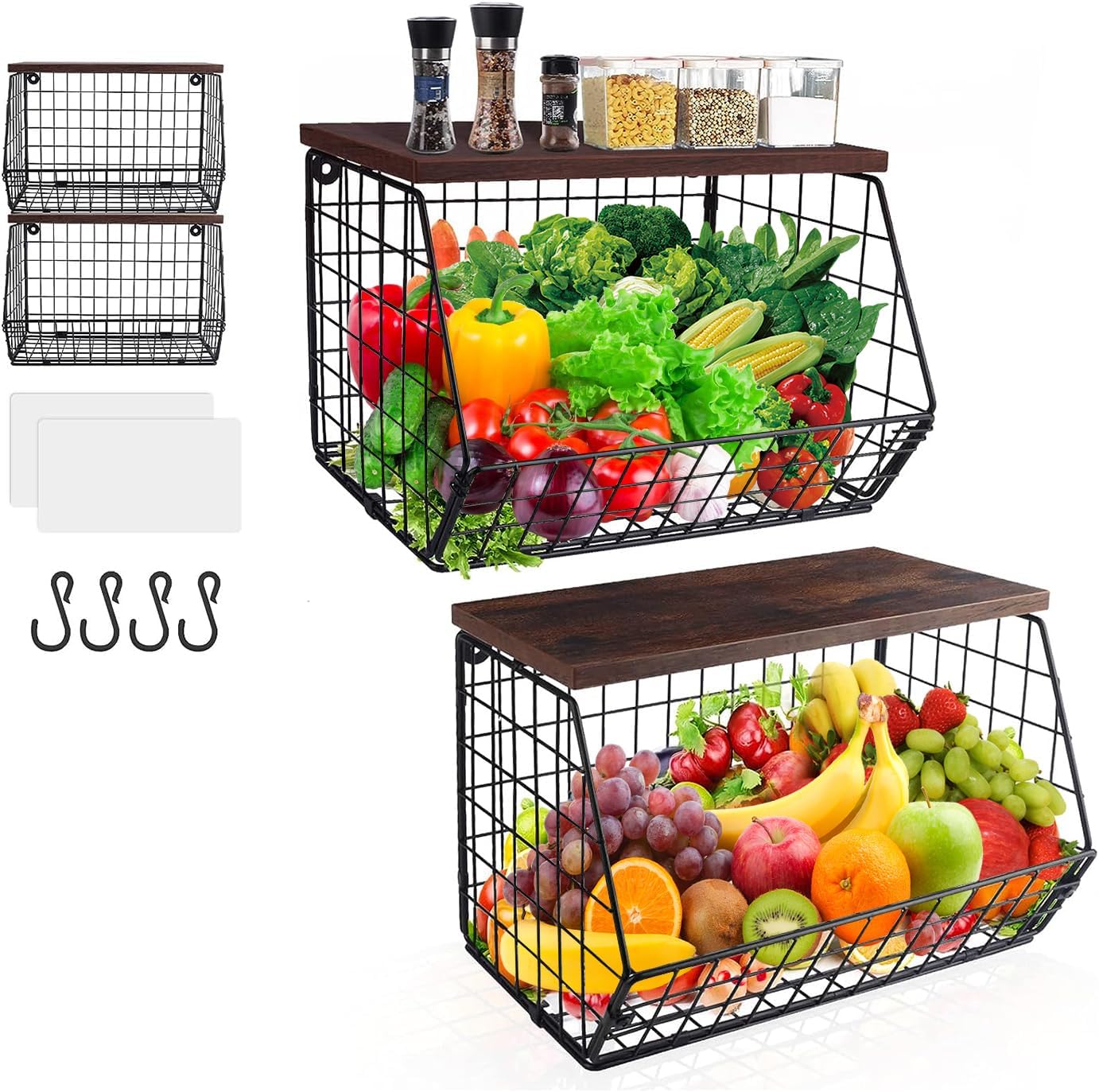 Fruit Basket Onion Storage Wire Baskets with Wood Lid, 2pcs Stackable Wall Mounted Countertop Kitchen Counter Organizer for Snack, Fruit and Vegetable Storage