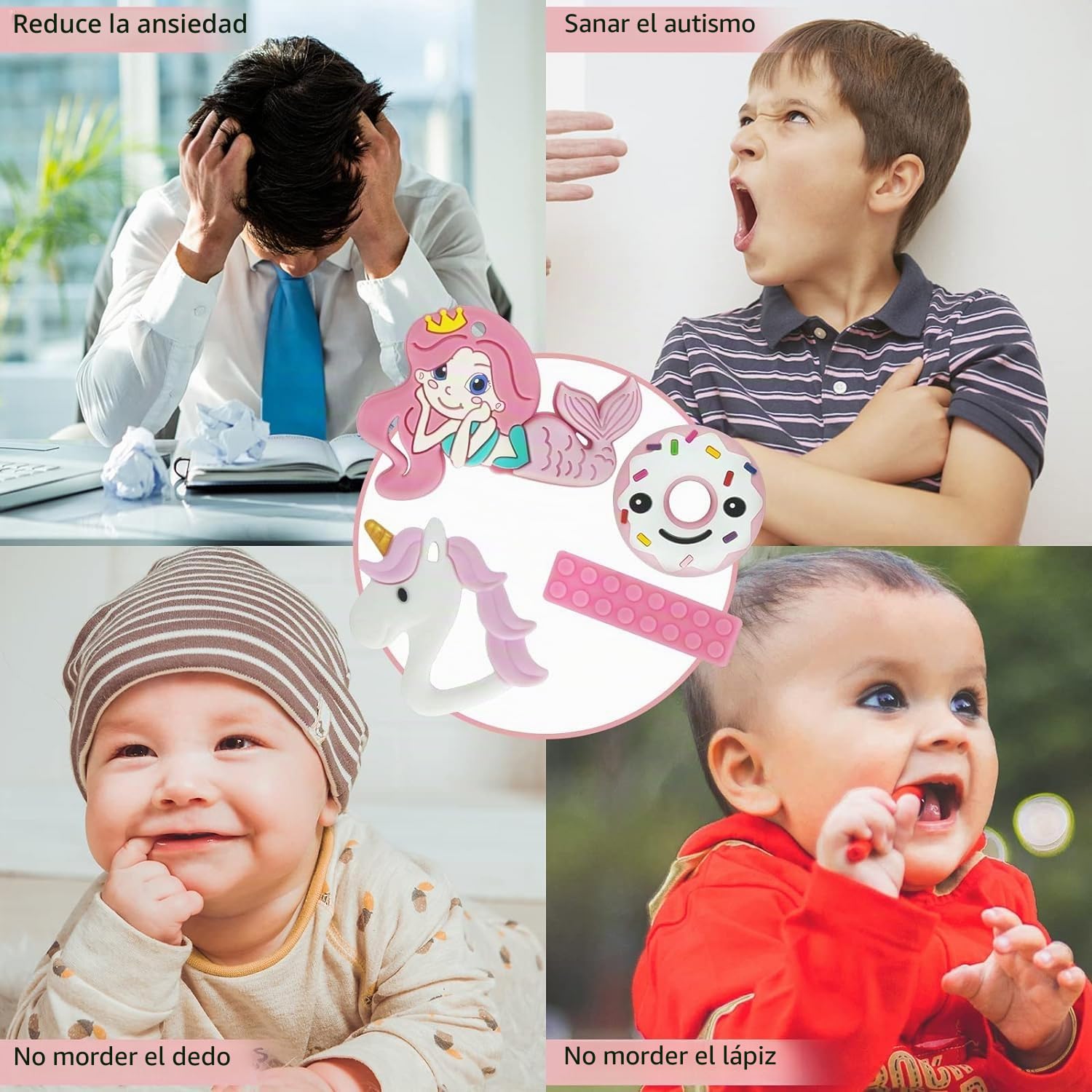 Mordedor para Bebé, 6 Piezas Mordedores Refrigerante, Autismo Masticar Colgante, Collar de Lactancia, Masticar Collar Perfecto para Niños con TDAH, Dentición, Autismo, Necesidad de Morder (Rosa)