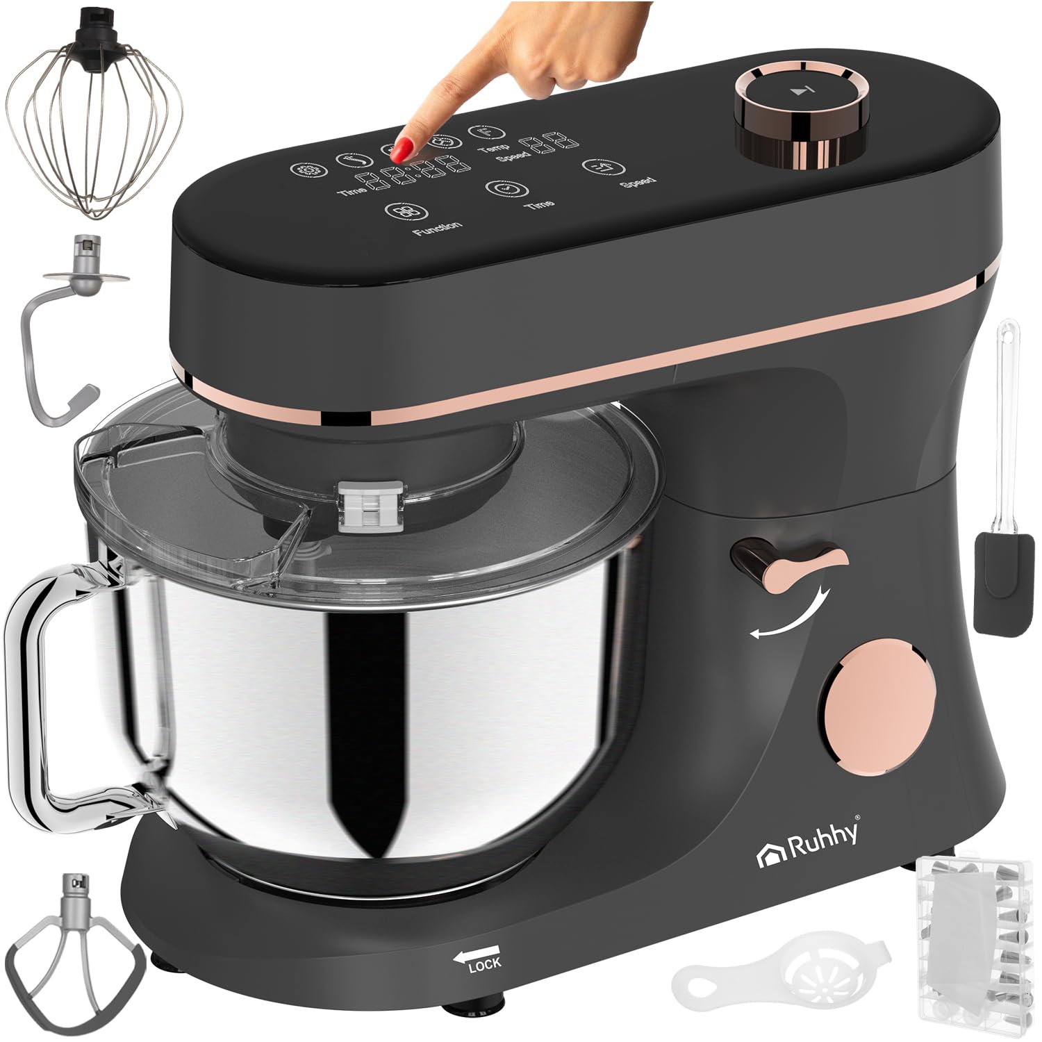 Robot de cocina con tazón de mezcla calefactable de 6,2 l – Batidora planetaria RUHHY 2000 W 11 velocidades y pantalla táctil – Amasadora de masa para pan, pizza, pasteles y pasteles (negro y dorado)