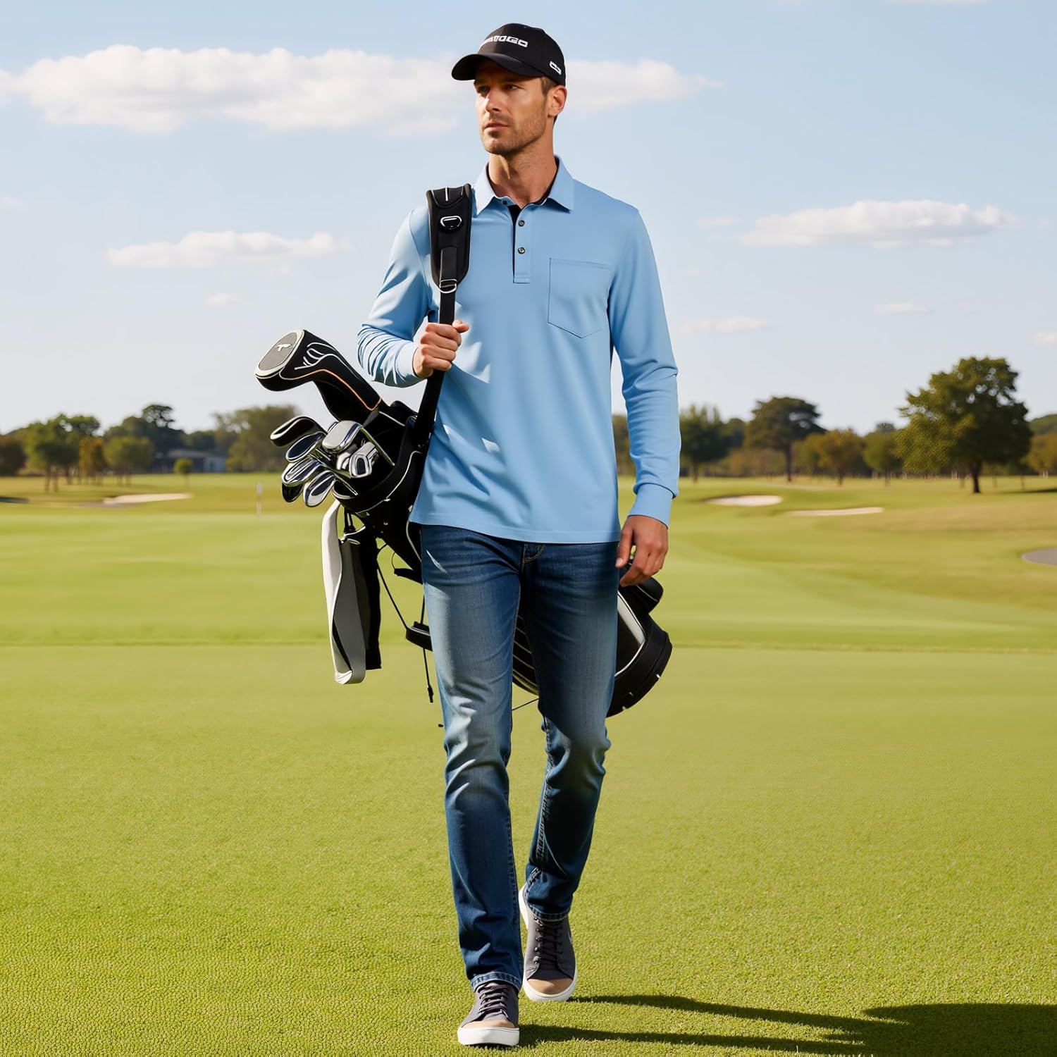 Men's Pocket Long Sleeve Polo Shirts, Casual Business Regular Fit Contrast Collar Golf Polo Shirts - Image 2