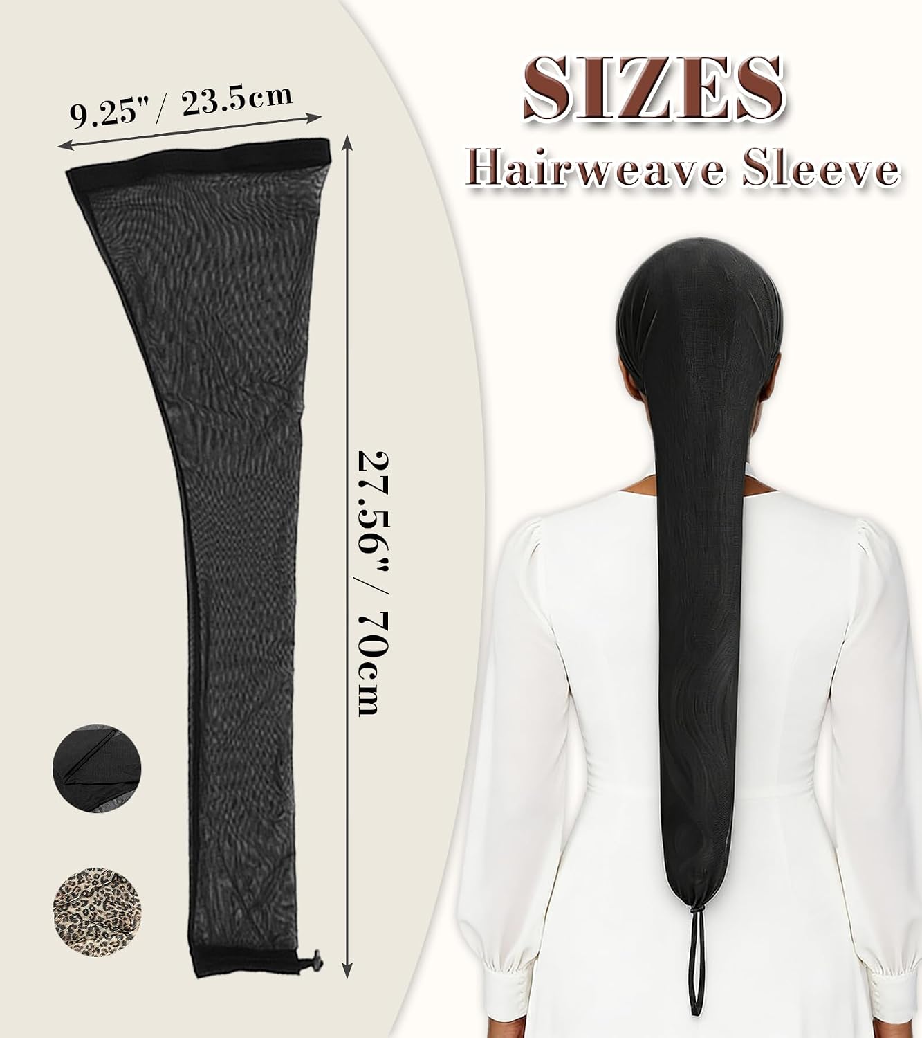 2 Pcs Hair Weave Sleeve for Locs, Stretchy Breathable Hair Sleeve with Elastic Band and Drawstring, Long Wig Cap for Dreadlocks and Braids (Black + Leopard)