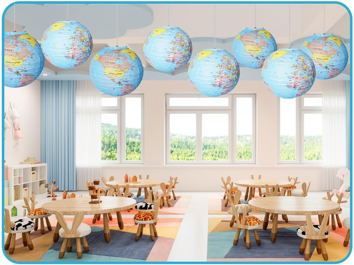 14 Pcs 10 Inch Globe Hanging Paper Lanterns,World Map Paper Lanterns,Around The World Earth Day Decorations,Travel Map Globe Theme Party Decorations for Home Classroom Earth Theme Party Decor
