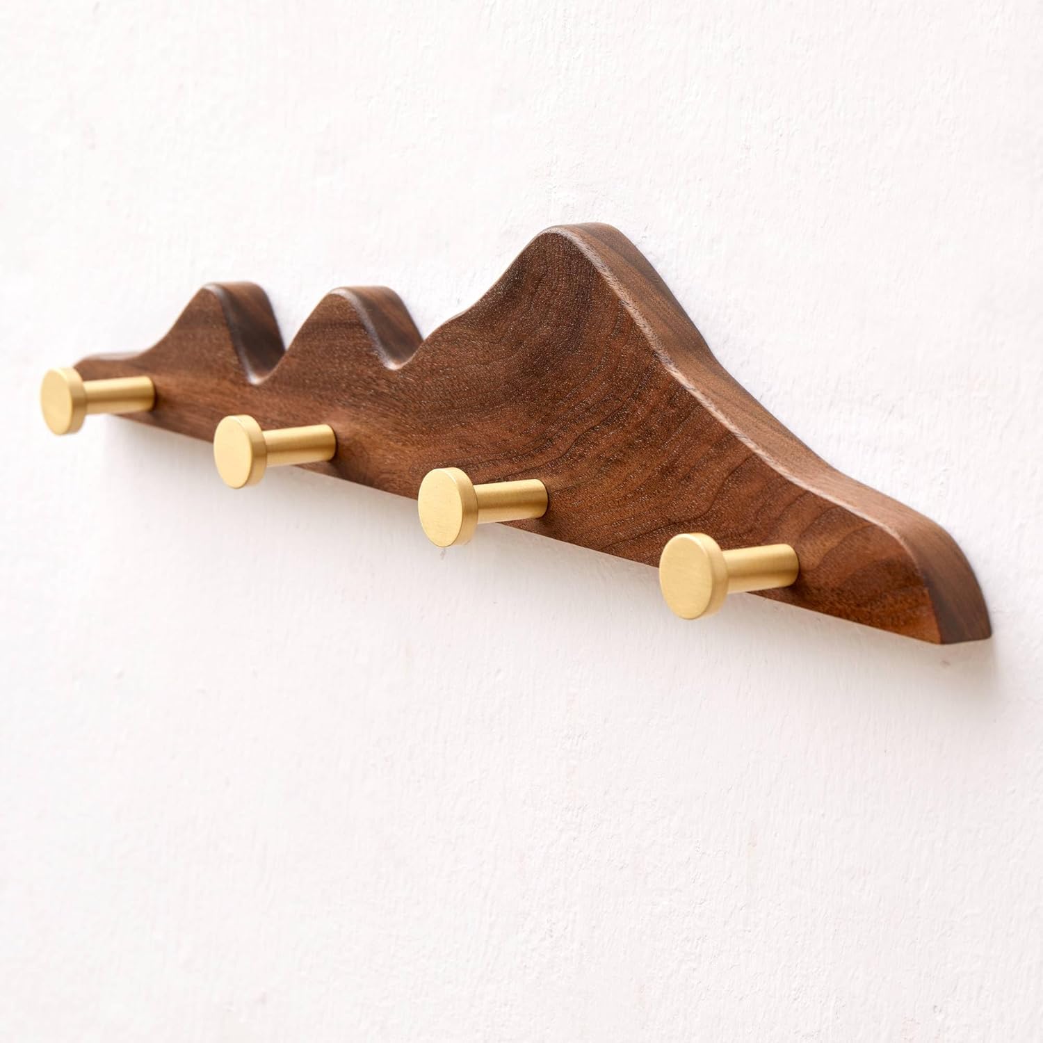 Coat Rack Wall Mount Coat Hooks - Wooden Coat Rack with 4 Gold Brass Hooks, Heavy Duty Wood Decorative Wall Hooks, Door Mounted Entryway Coat Rail for Hanging Jacket Hat Bag Key Backpack, 16Inches
