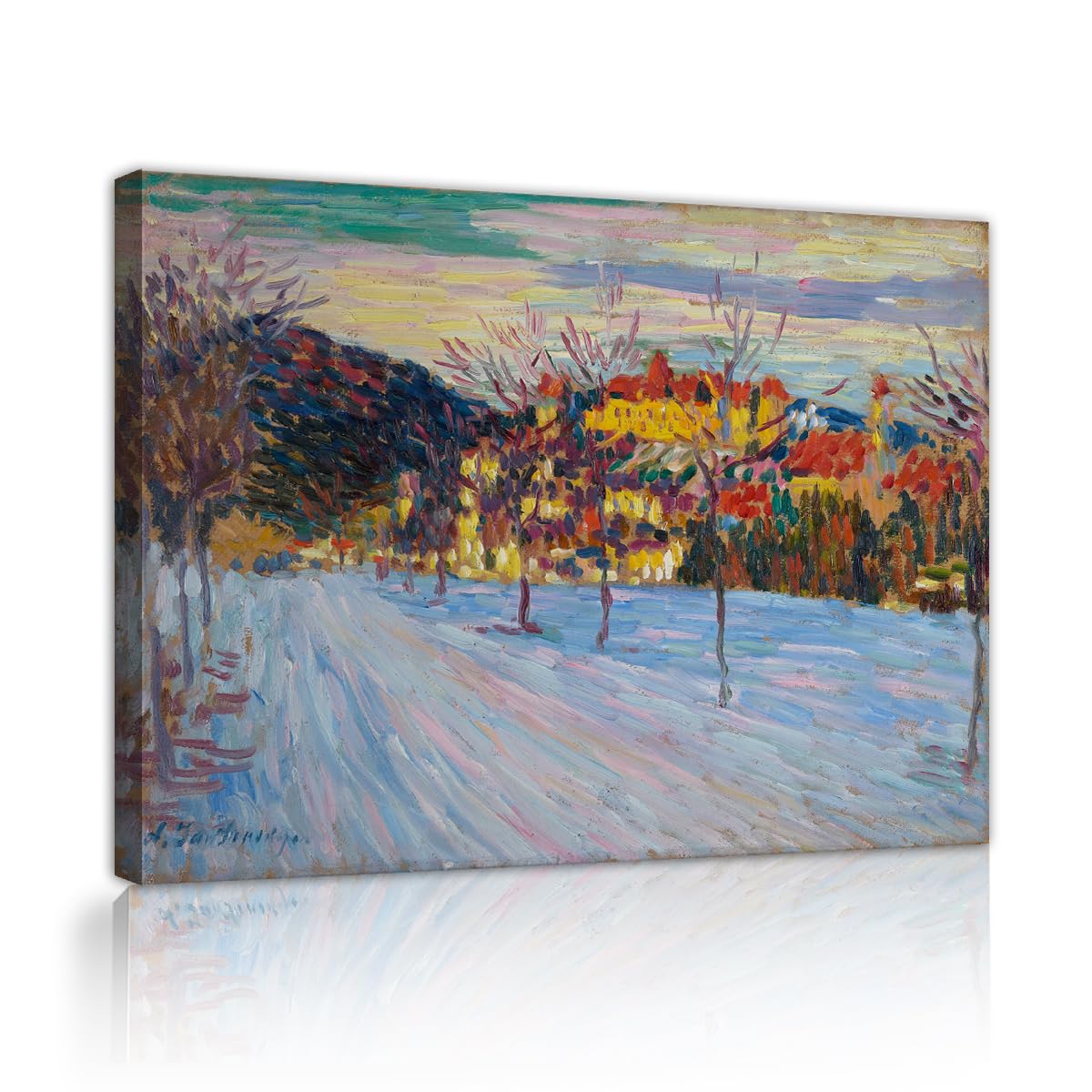 TOANGWALL Winter Landscape Painting Canvas Wall Art Kitchen Alexej von Jawlensky Winter Landscape with Yellow Houses Framed Picture for Study Decor 85x100cm