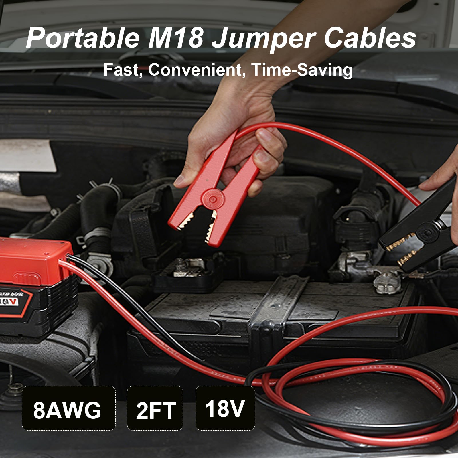Cables de arranque para batería Milwaukee M18 de 18 V, cable de refuerzo de silicona 8AWG de 2 pies con clips de cocodrilo, arranque de salto para coche, camión, RV y herramientas de carga, resistente