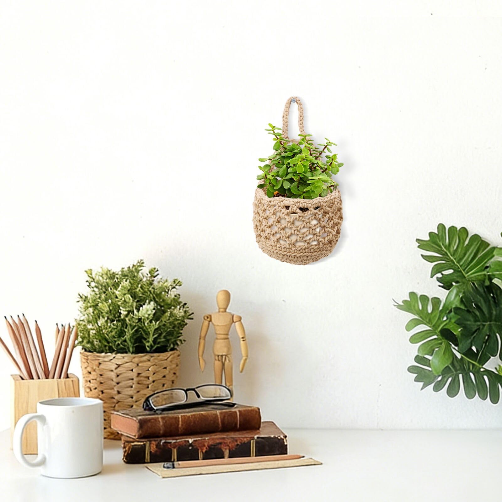Lot de 6 pots de fleurs à suspendre pour plantes d'intérieur, suspension en macramé fait à la main, panier mural tissé pour plantes grasses, plantes aériennes et herbes, décoration de jardin