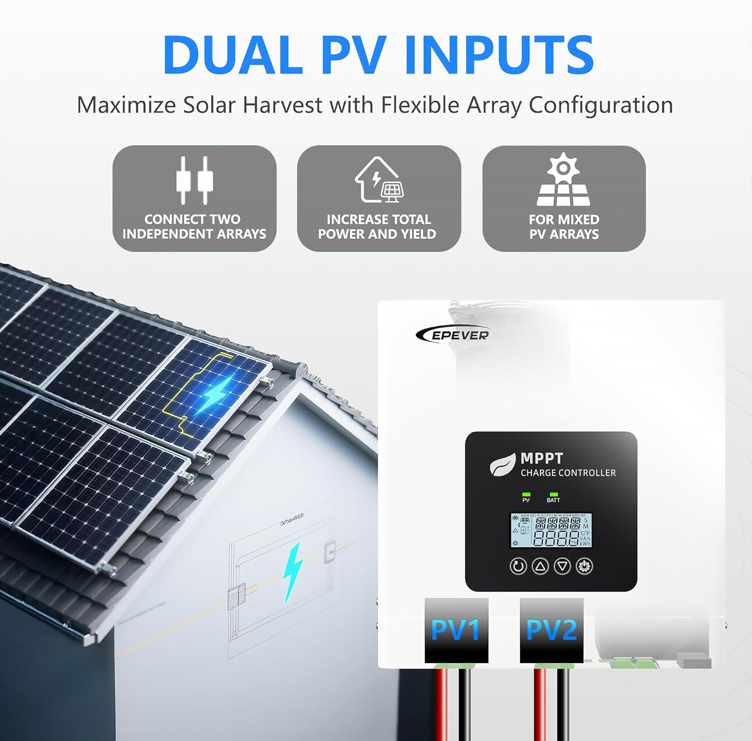 EPEVER 100A MPPT Solar Charge Controller, Dual PV Input Max 250V, 12V/24V/48V Auto, Supports No Battery Mode & Parallel, for LiFePO4 & Lead-Acid Off-Grid RV Solar System