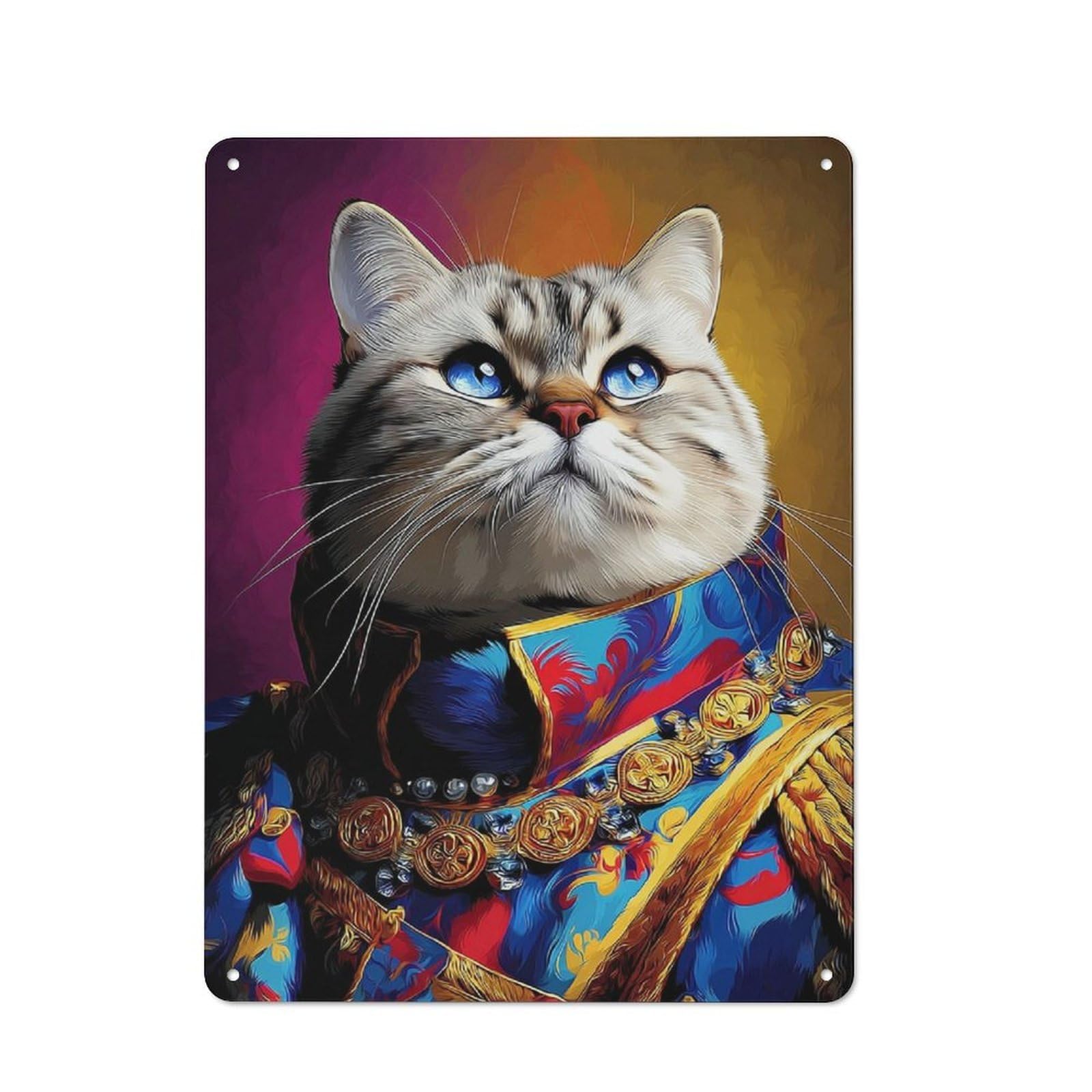 Metal Wall Plaque with Royal Cat in Regal Attire Design 40x30cm, Classic Retro Room Decor for Kitchen, Hallway, Bar Or Small Cafe
