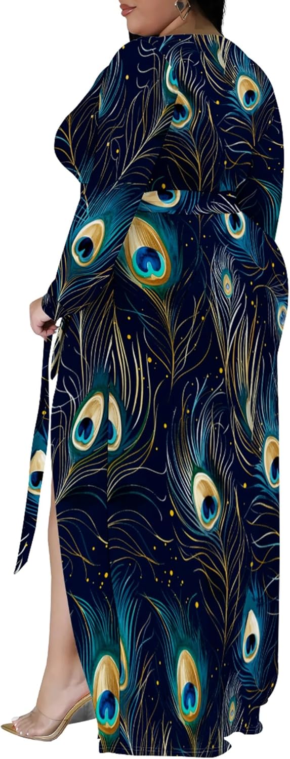 Plus Size Dresses for Women Floral Print Maxi Dress Slit Flowy Long Sleeve with Belt - Image 2