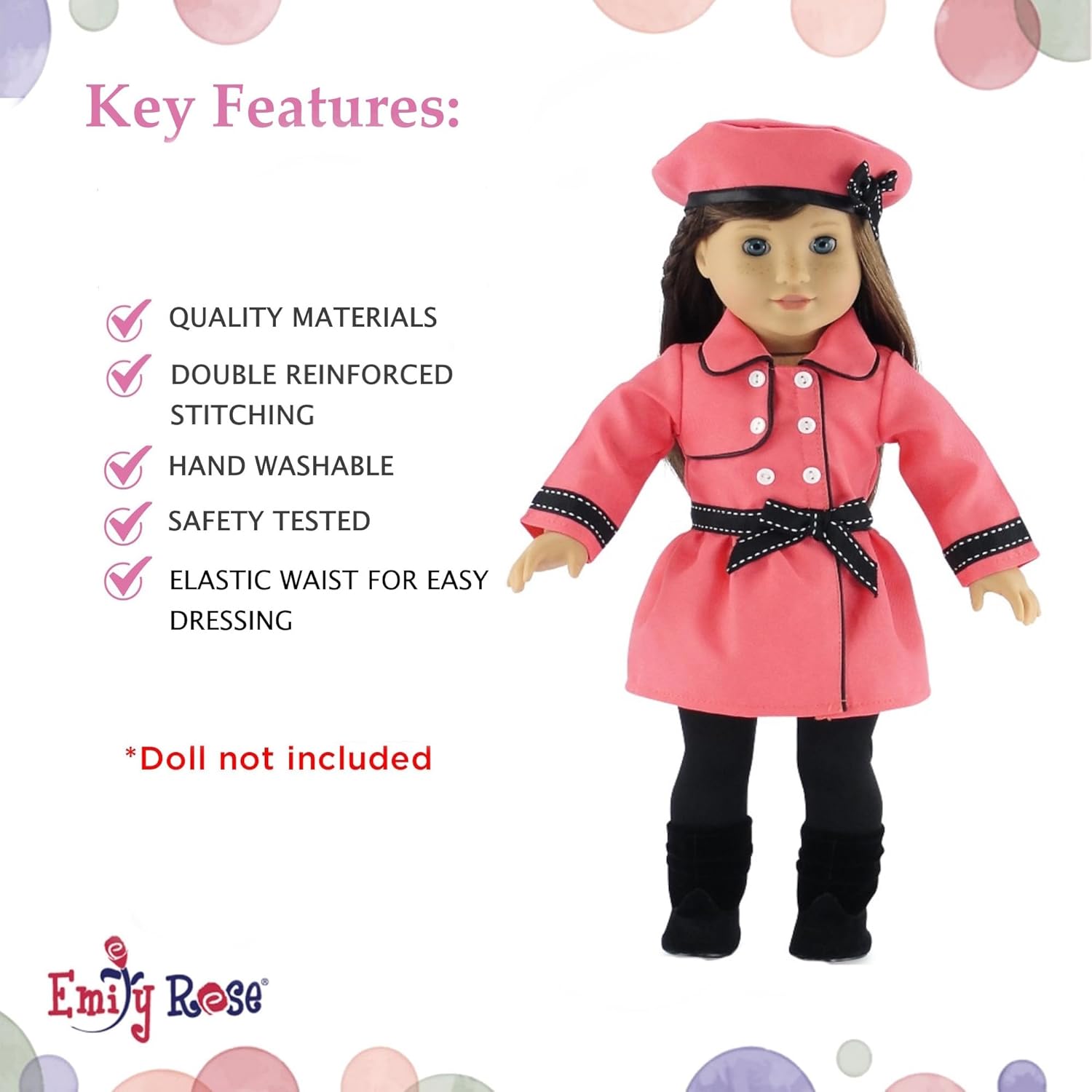 Emily Rose 18-inch Doll Clothes Pink 4-PC Outdoor Traveling Coat Outfit, Includes Black Leggings, Matching Hat and Black Boots | 18" Doll Clothing & Accessories Gift Set | USA Business