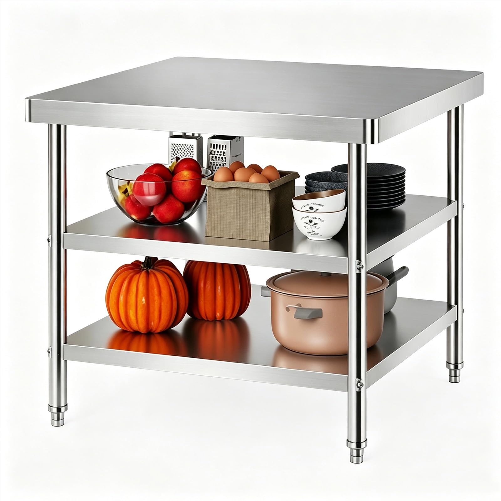 Mesa de Trabajo Cocina INOX, Refuerzo, Patas Ajustables | Gran Capacidad Carga, Superficie Cepillada Suave, Esquinas Redondeadas(3 tier,60x40x80cm)