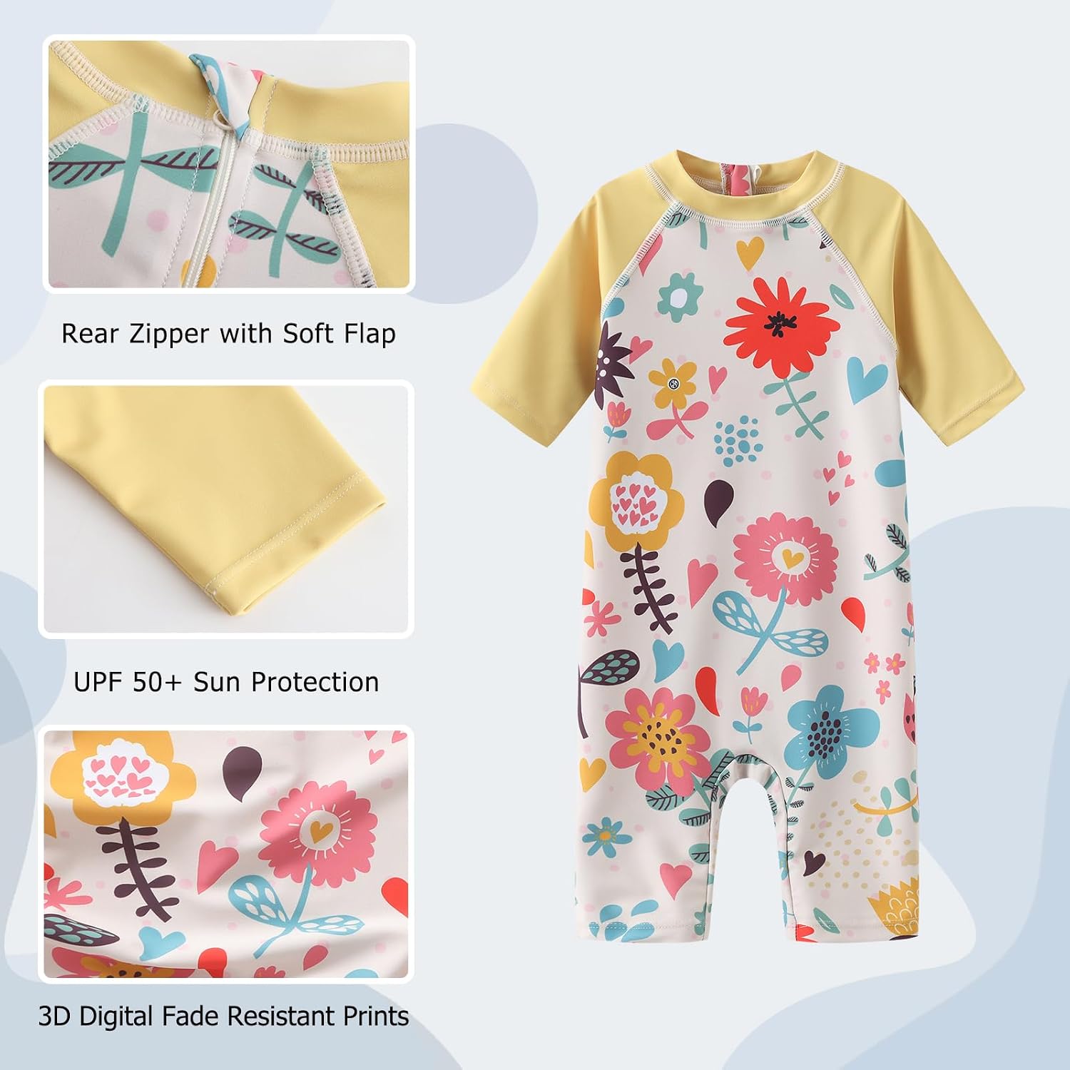 Aisyee Toddler Baby Girls Rash Guard Sunsuits for Girls One Piece Swimsuits UPF 50+ Short Sleeve Bathing Suit Beachwear