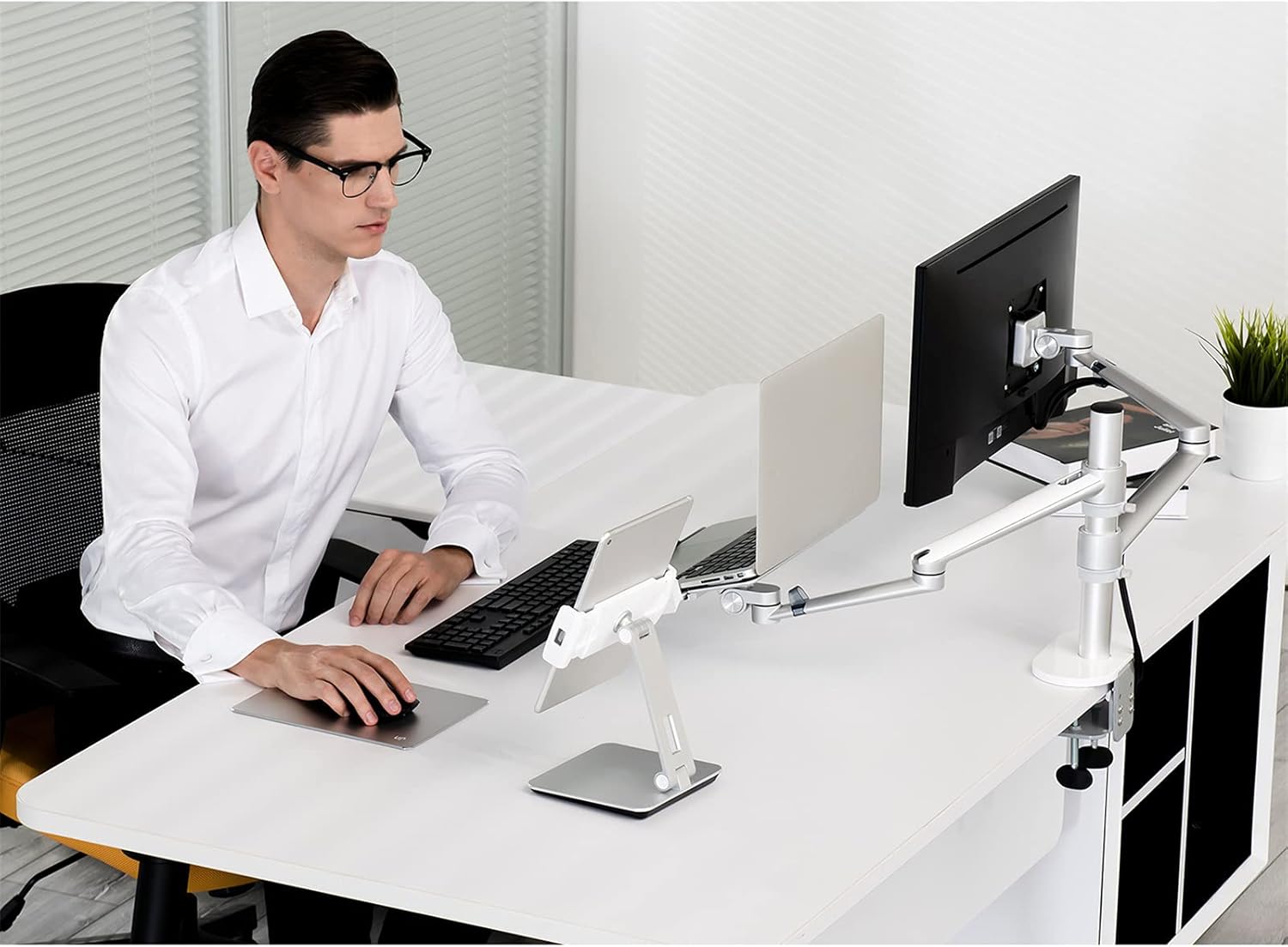 viozon Monitor and Laptop Mount, 2-in-1 Adjustable Dual Arm Desk Mounts Single Desk Arm Stand/Holder for 17 to 32 Inch LCD Computer Screens, Extra Tray Fits 12 to 17 inch Laptops (Silver ) : Electronics