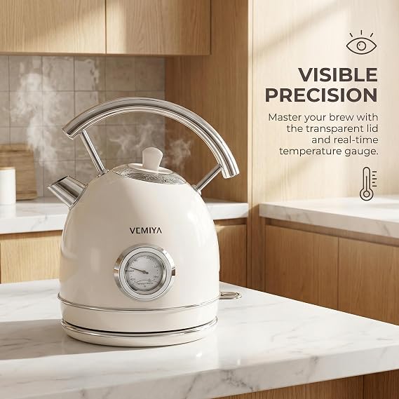 Retro Electric Kettle 1.7L Stainless Steel Tea Kettle with Premium Gloss Finish, Fast Boiling, Auto Shut-Off & Boil-Dry Protection Vintage Electric Water Boiler for Kitchen (Ivory White)