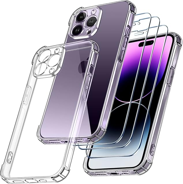 ivoler [4 in 1] Camera Cover Case Compatible with iPhone 14 Pro 6.1" with 3 Pack Tempered Glass Screen Protector, Slim Soft TPU Shockproof Anti-Scratch Phone Case Cover - Clear