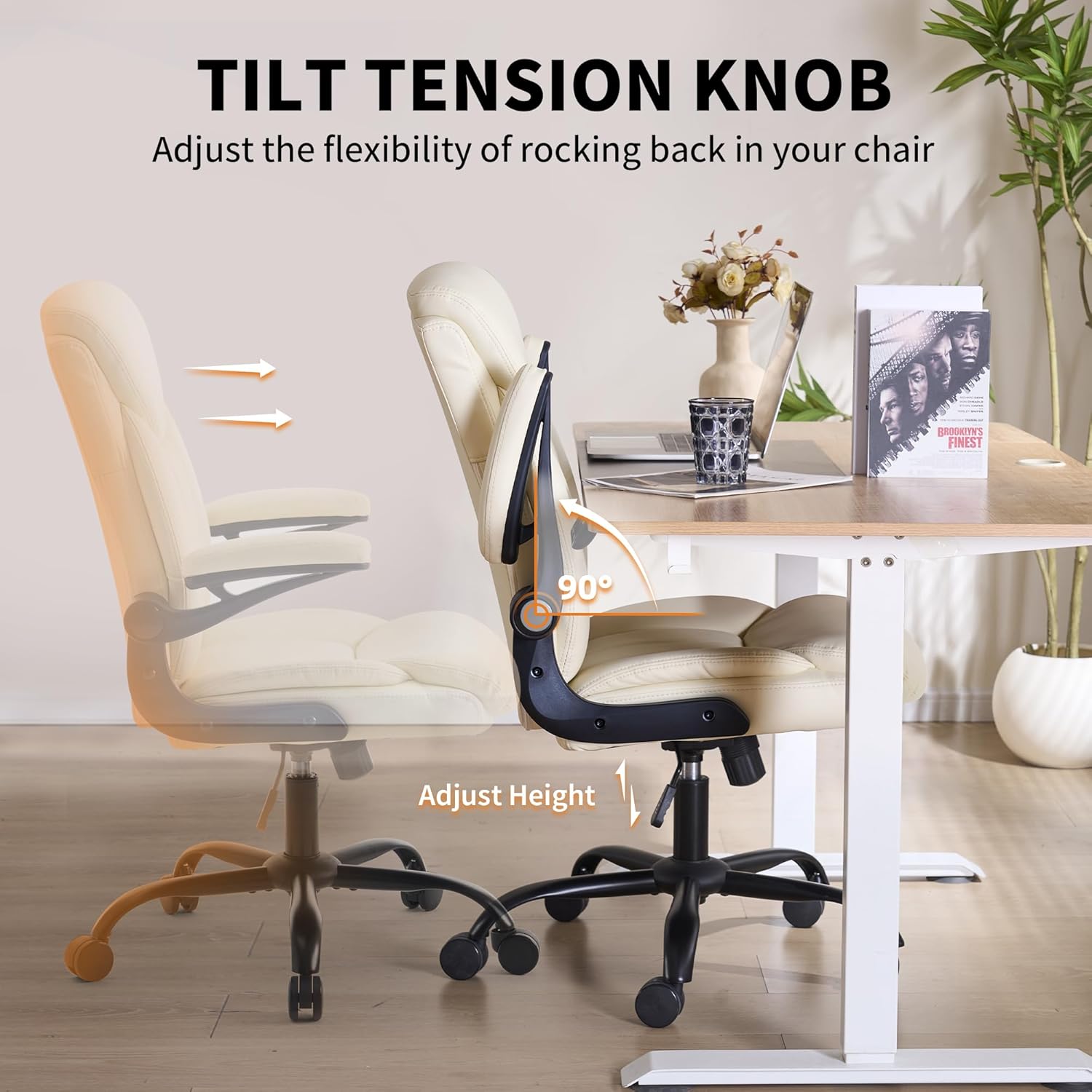 Home Office Ergonomic Desk Chair - Comfy Leather Executive Chair with Flip-Up Armrests, Height Adjustable Computer Chair for Gaming, 360° Swivel & Rocking (Beige)