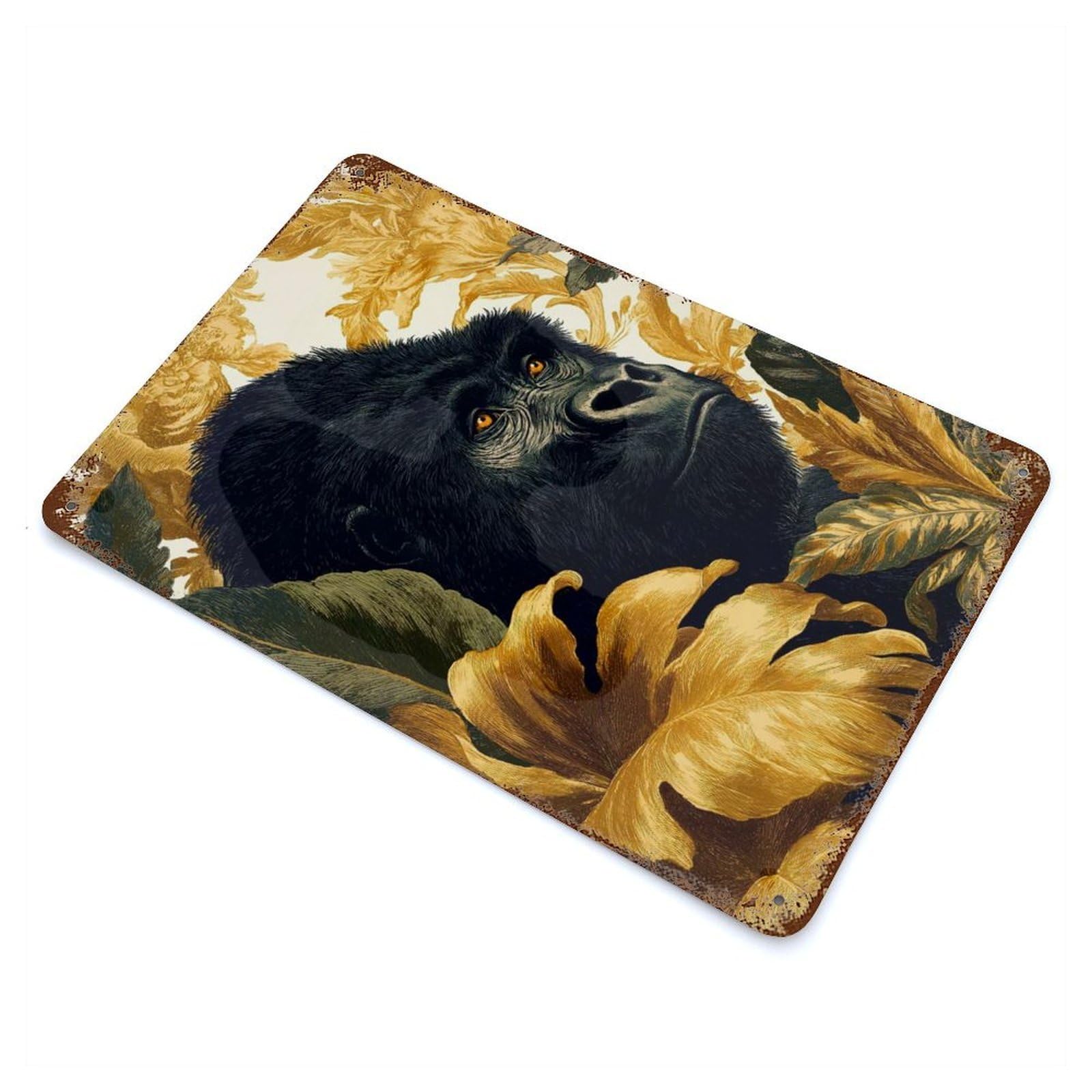 Garage Style Gorilla Portrait with Floral Background Vintage Rust Metal Sign 11.8"x7.9", Shabby Chic Decor for Bar And Workshop