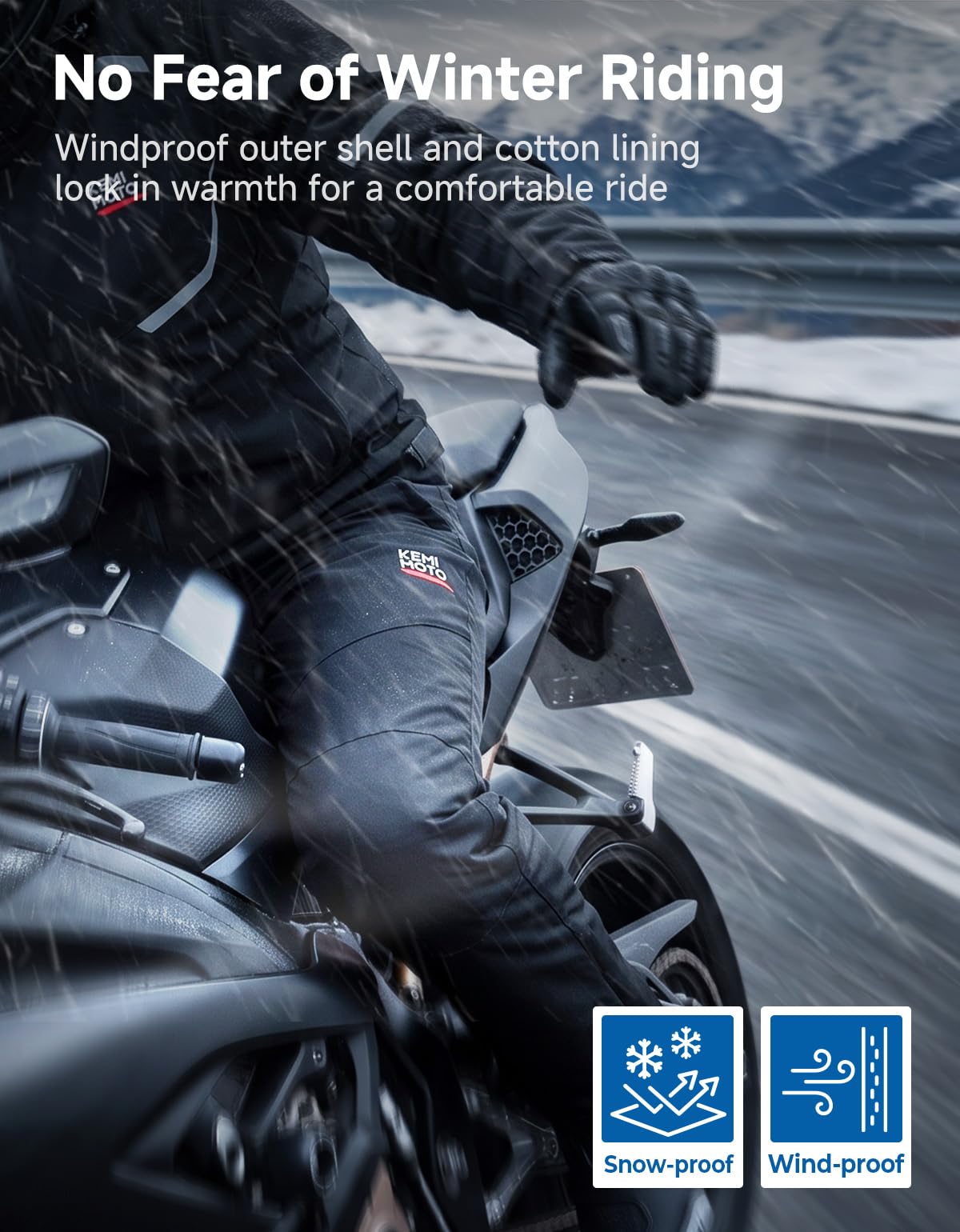 KEMIMOTO Pantaloni Moto Invernali Uomo con Protezioni CE, Pantaloni da Motocicletta Antivento Termici con Zip SBS Bidirezionale e Design Riflettente, Adatti da -20°C a 10°C