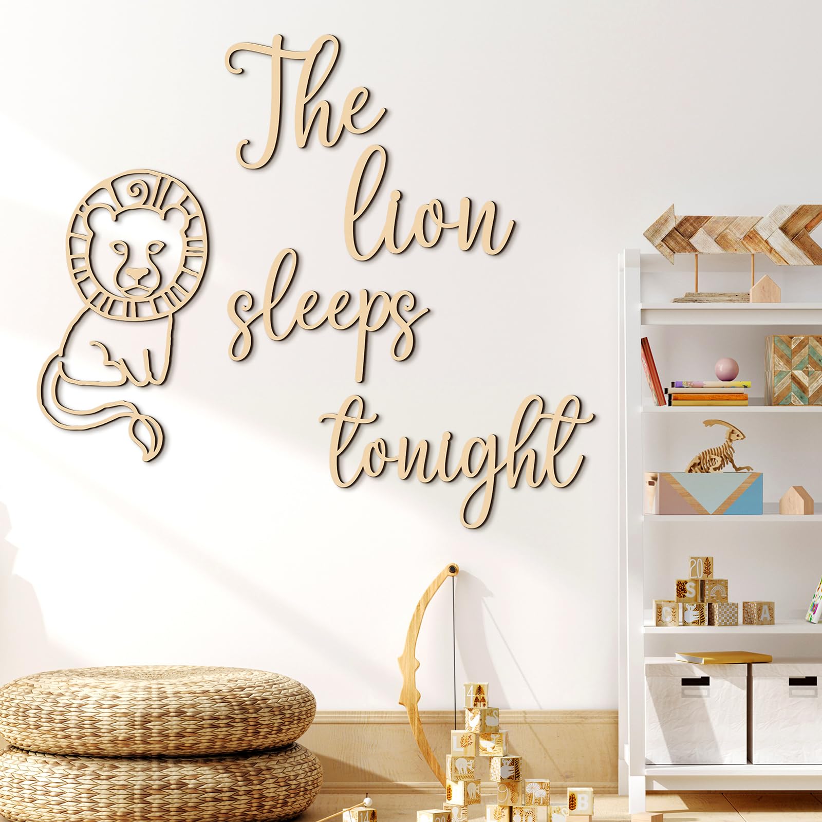 Kigley - Decoración de pared para habitación infantil (5 piezas), diseño de jungla, animales de safari de madera, decoración de pared, arte de habitación "El león duerme esta noche" para niñas, niños, baby shower, dormitorio, sala de juegos, niños pequeños