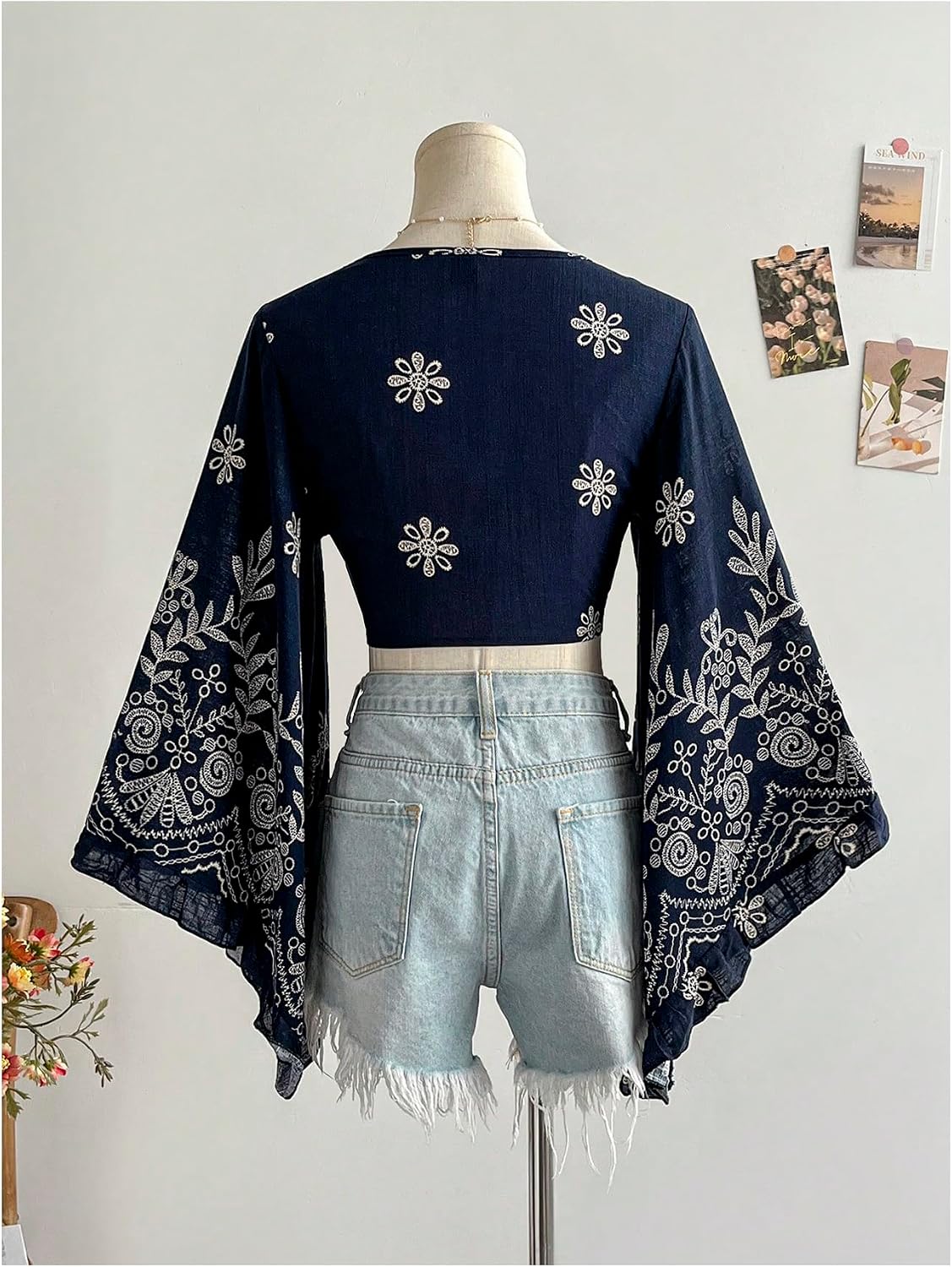 BEAUDRM Women's Boho Tops Wrap Western Country Concert 70s Outfits Tie Front Long Bell Sleeve Tops Hippie Disco Clothes